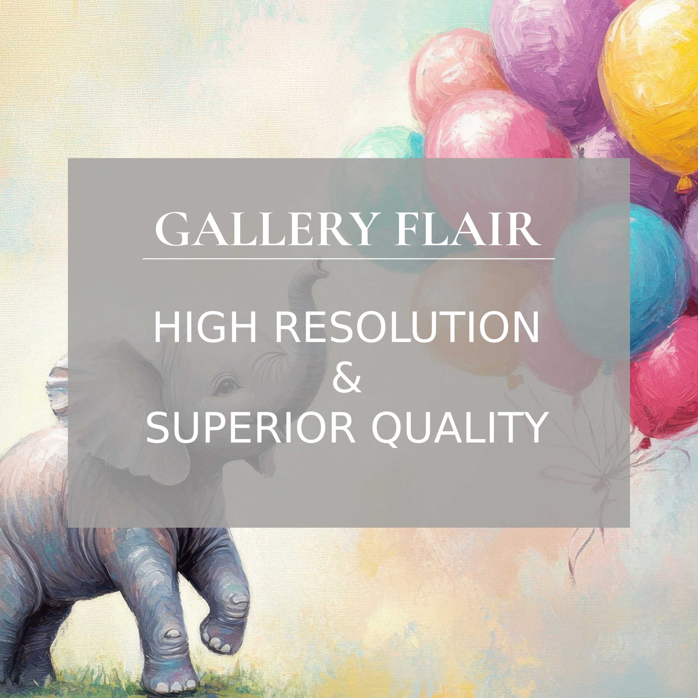 Whimsical nursery printable art featuring a joyful elephant with vibrant balloons, infusing modern nurseries with serene charm and fine artistic detail