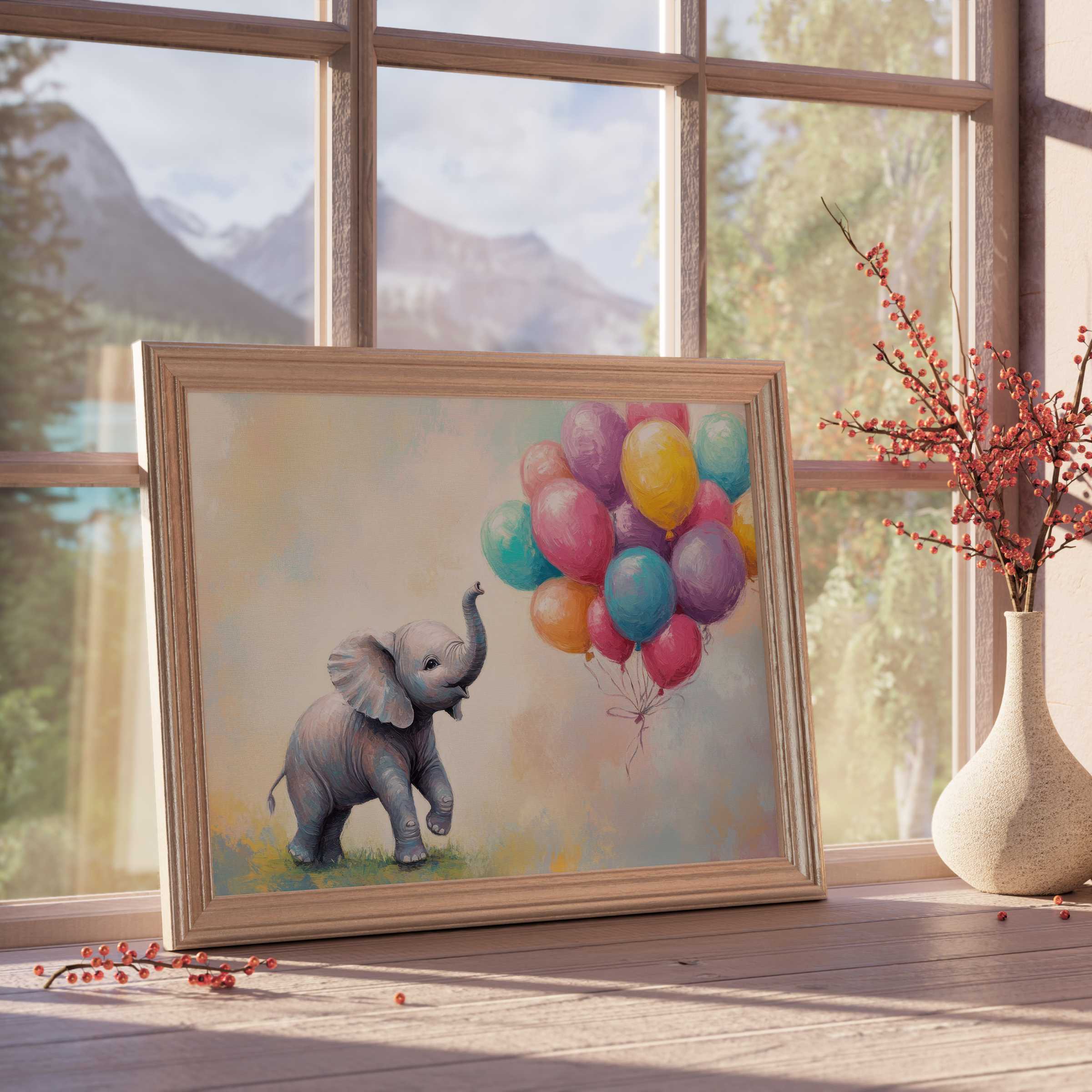 Whimsical nursery downloadable art featuring a joyful baby elephant with vibrant balloons, enhancing serene, curated kids’ rooms