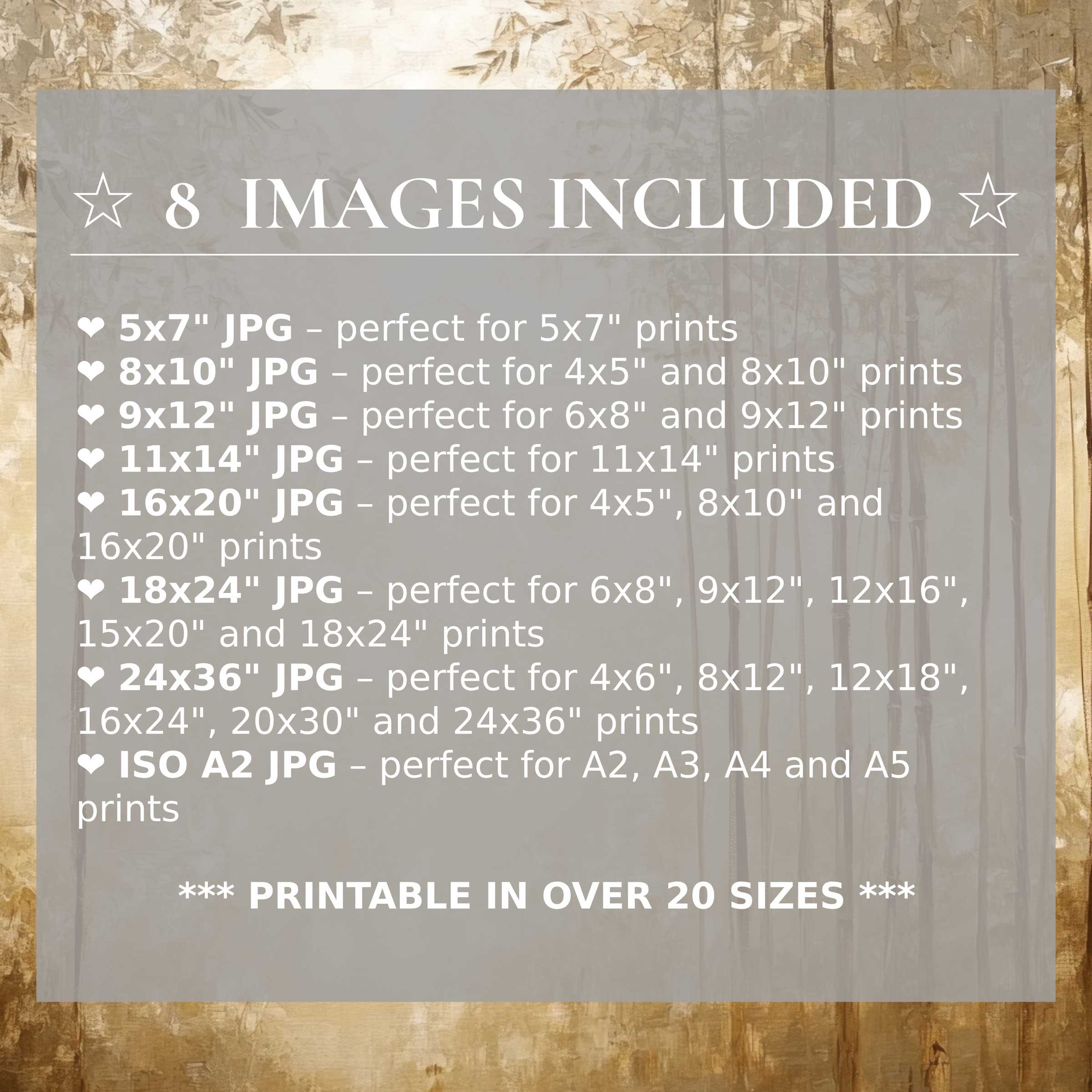 Botanical digital print in warm golds and soft neutrals, radiating calm elegance; includes 8 high-quality sizes for seamless modern styling