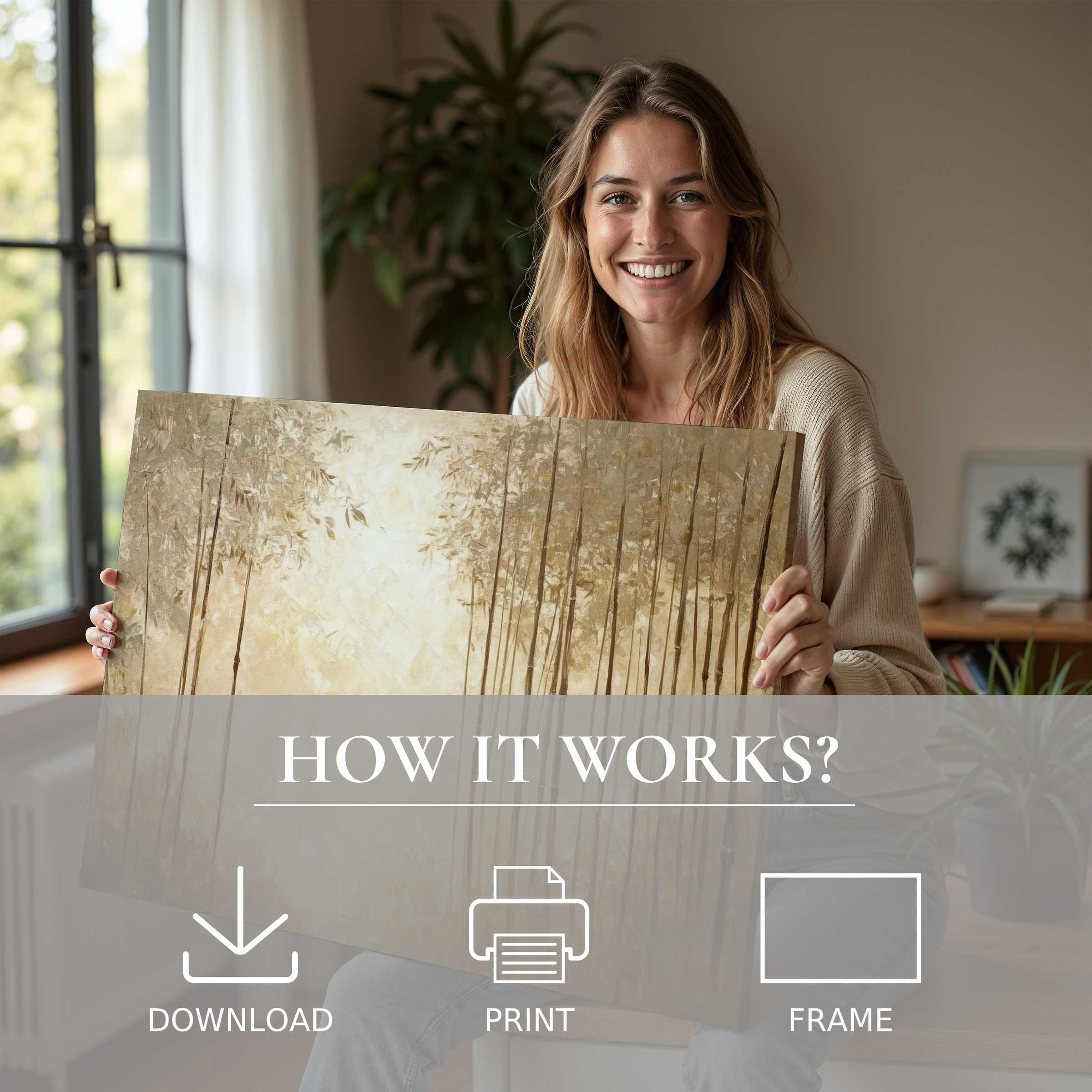 A woman in a serene modern home radiates joy, embracing a botanical digital art print that invites natural calm