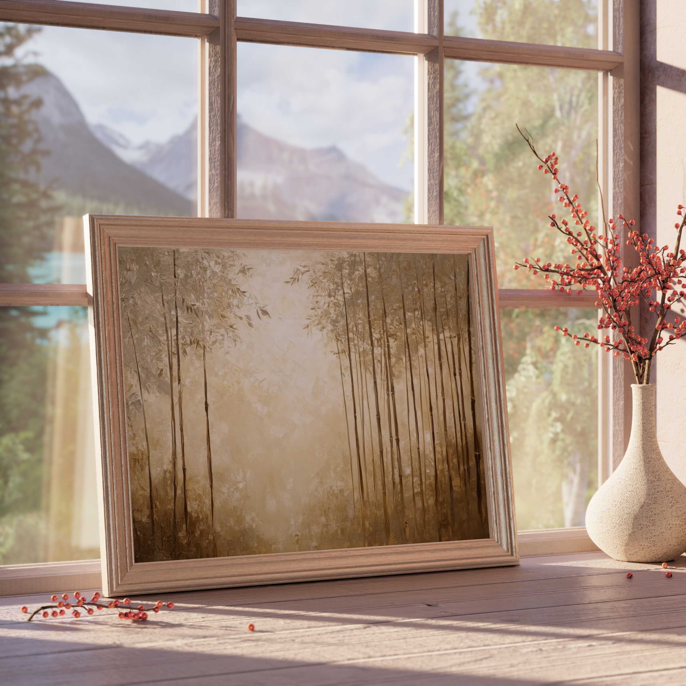 Botanical downloadable art with serene forest tones, elevating tranquil, curated spaces in modern, elegant interiors