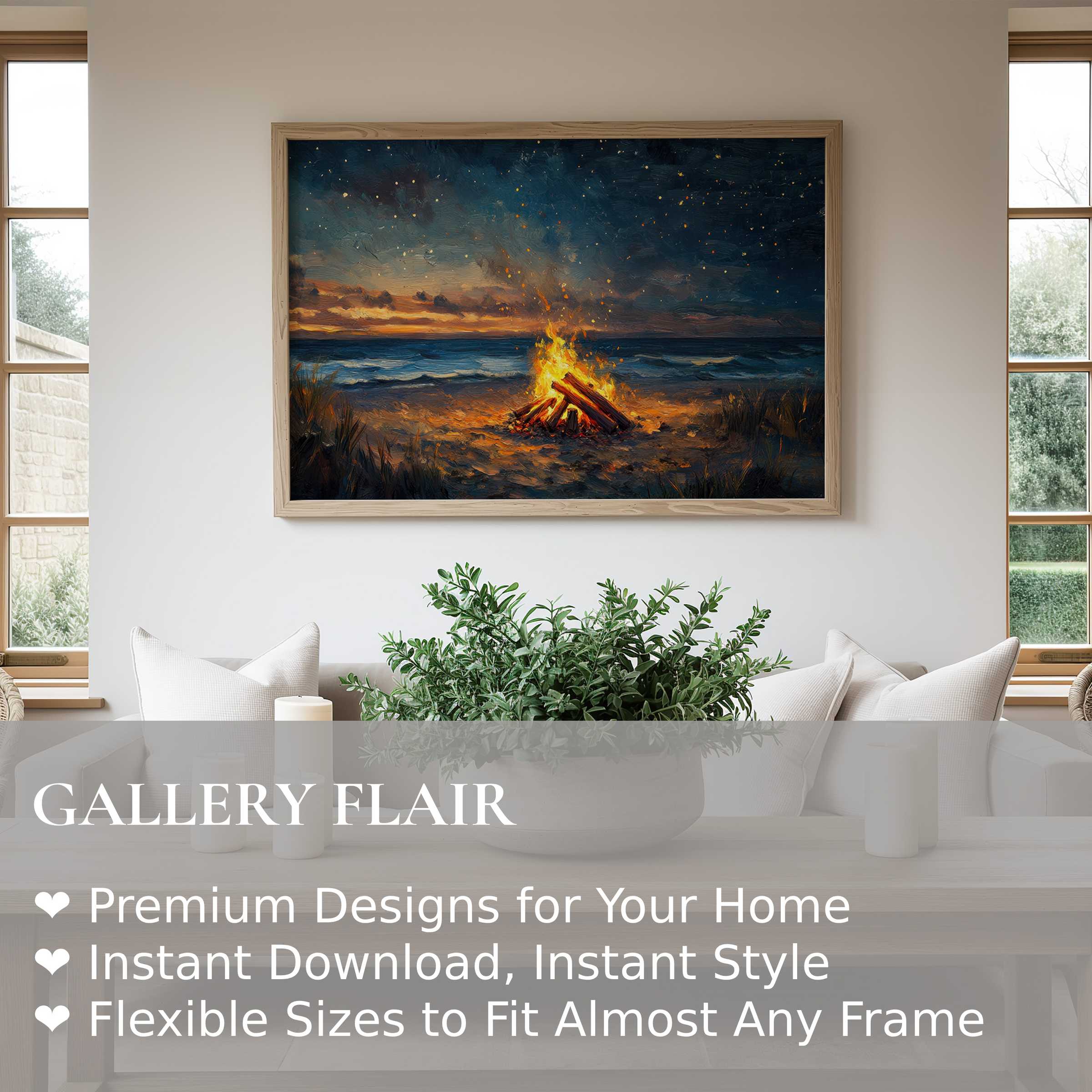 Beach wall art print of a radiant bonfire on the shore at dusk, enhancing the serene coastal vibe in a modern minimalistic living room