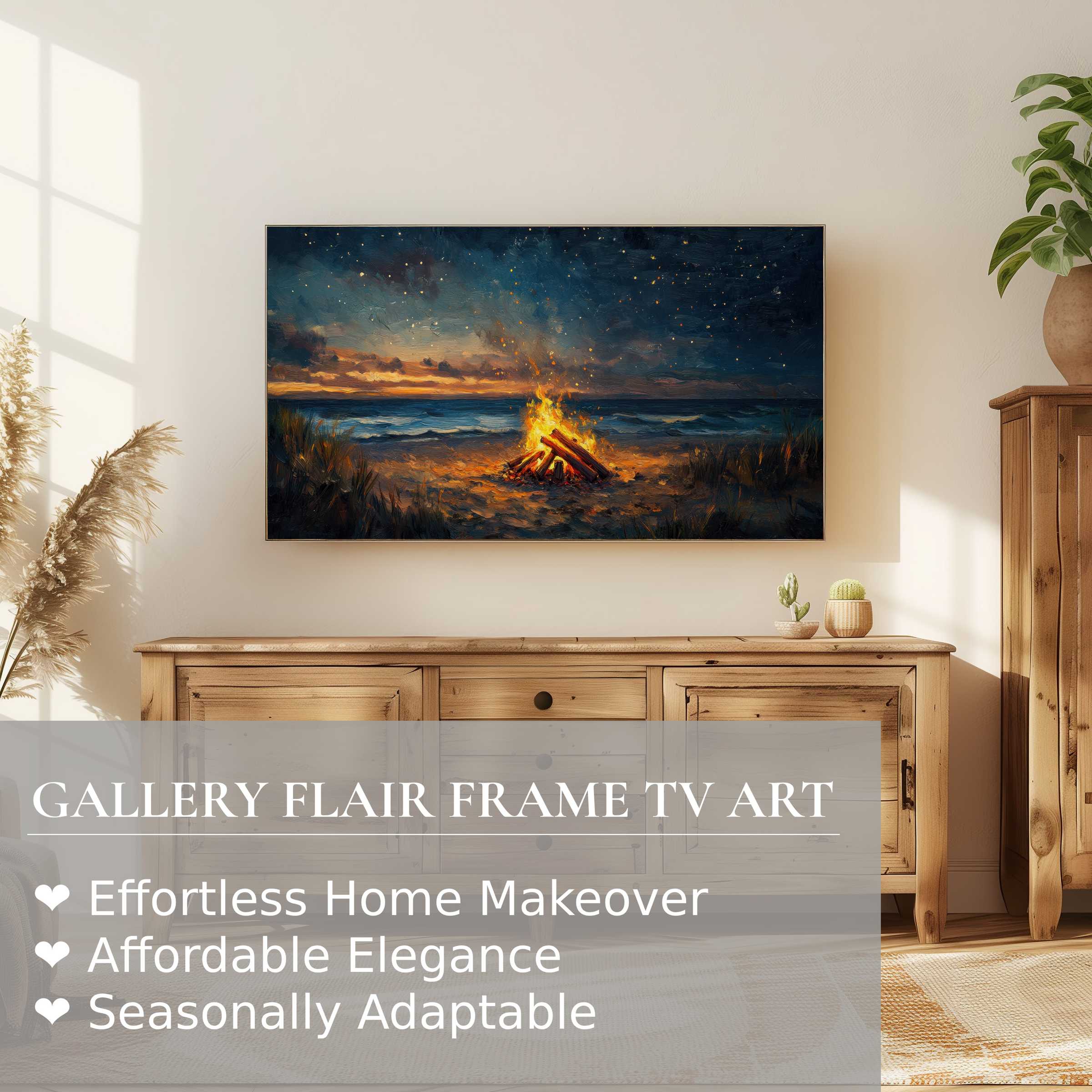 Samsung Frame TV displays a warm beach digital artwork with twilight bonfire, enhancing elegant modern home decor