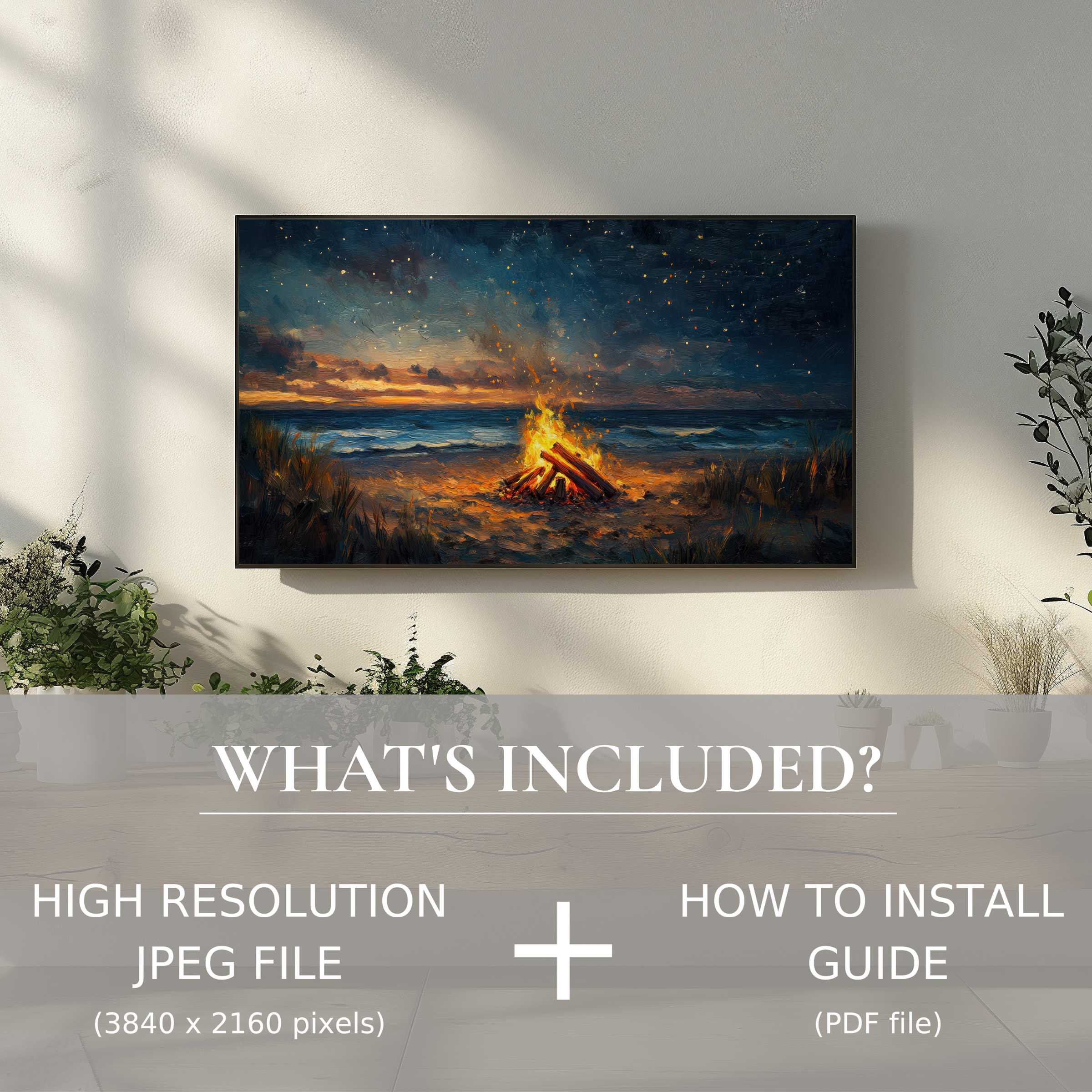 Elegant beach digital TV art download showcasing a warm bonfire scene, effortlessly enhancing modern living spaces