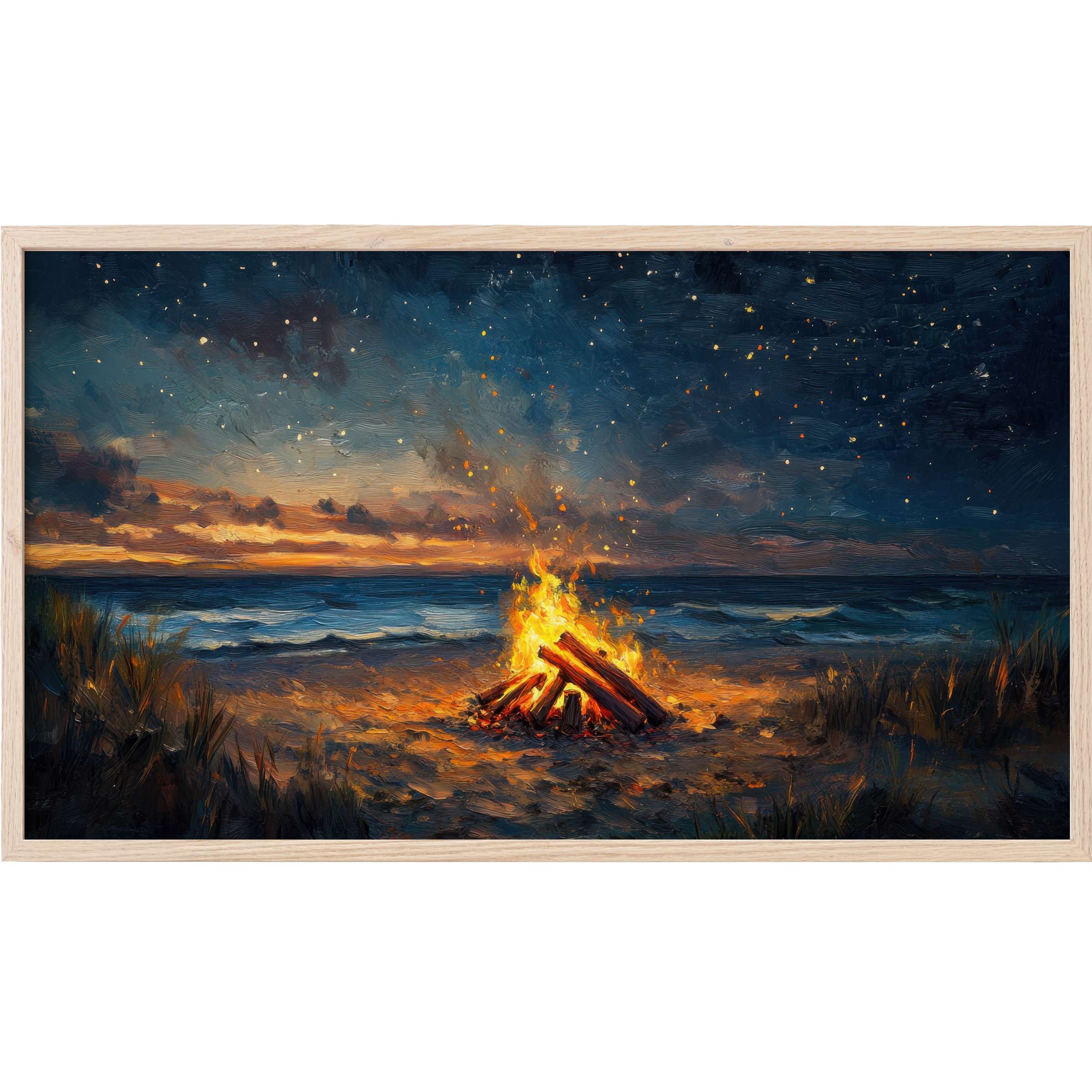 Beach bonfire glowing under starry night sky, rich blues and warm oranges, elegant beach Frame TV Art