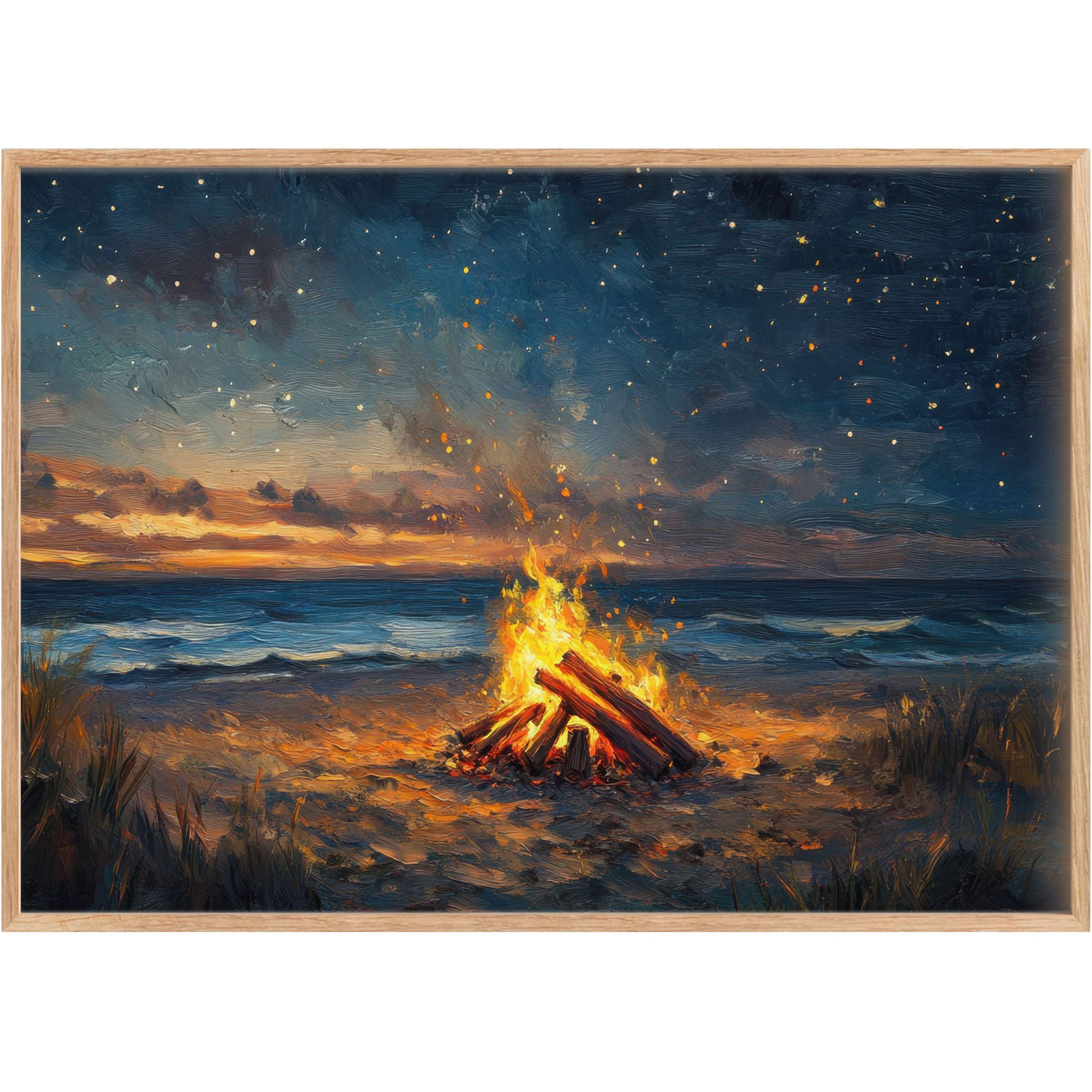 Beach printable wall art capturing a radiant bonfire under a starlit navy sky, evoking warmth and serene coastal nights
