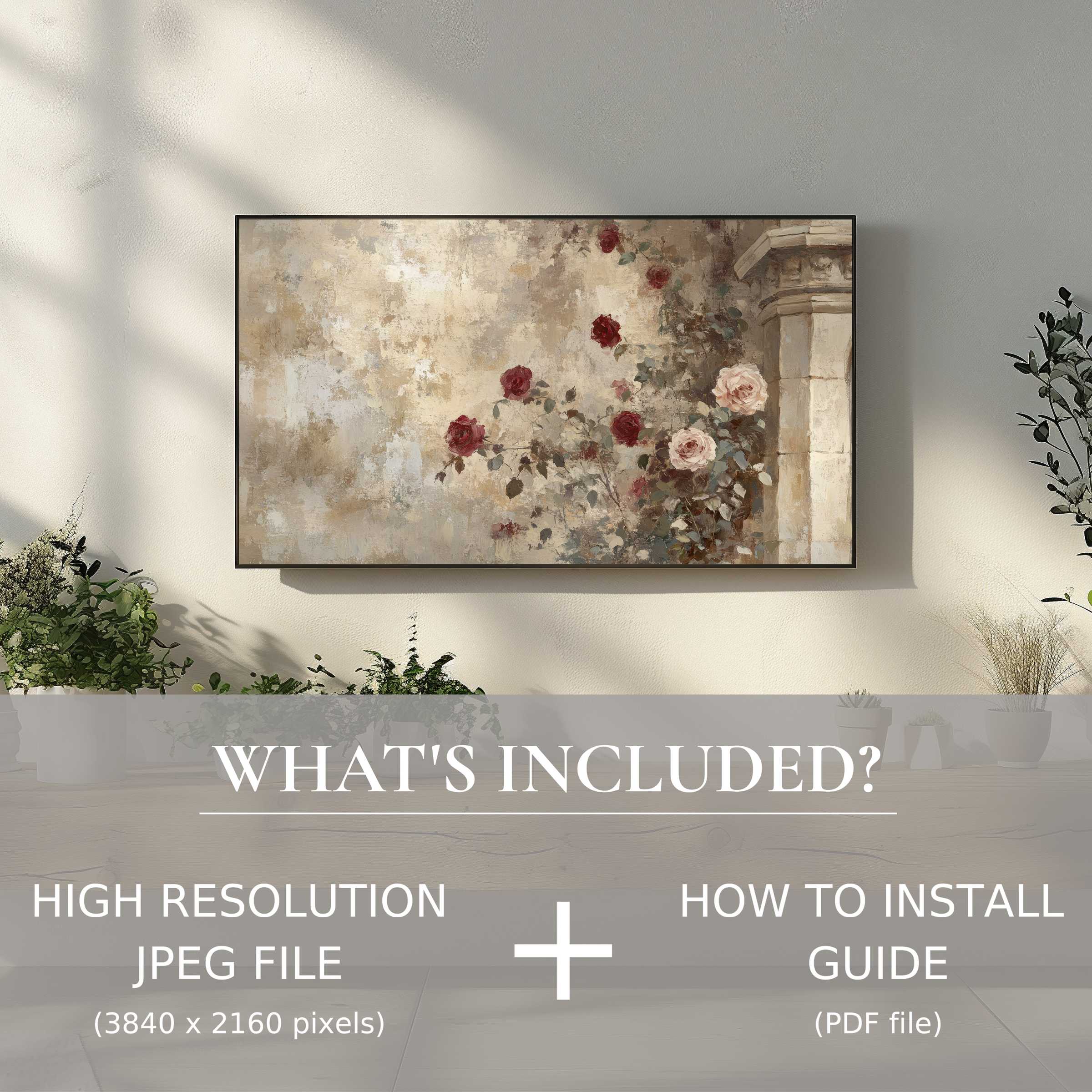 Elegant vintage digital TV art download with easy use, enhancing stylish living spaces with timeless floral charm