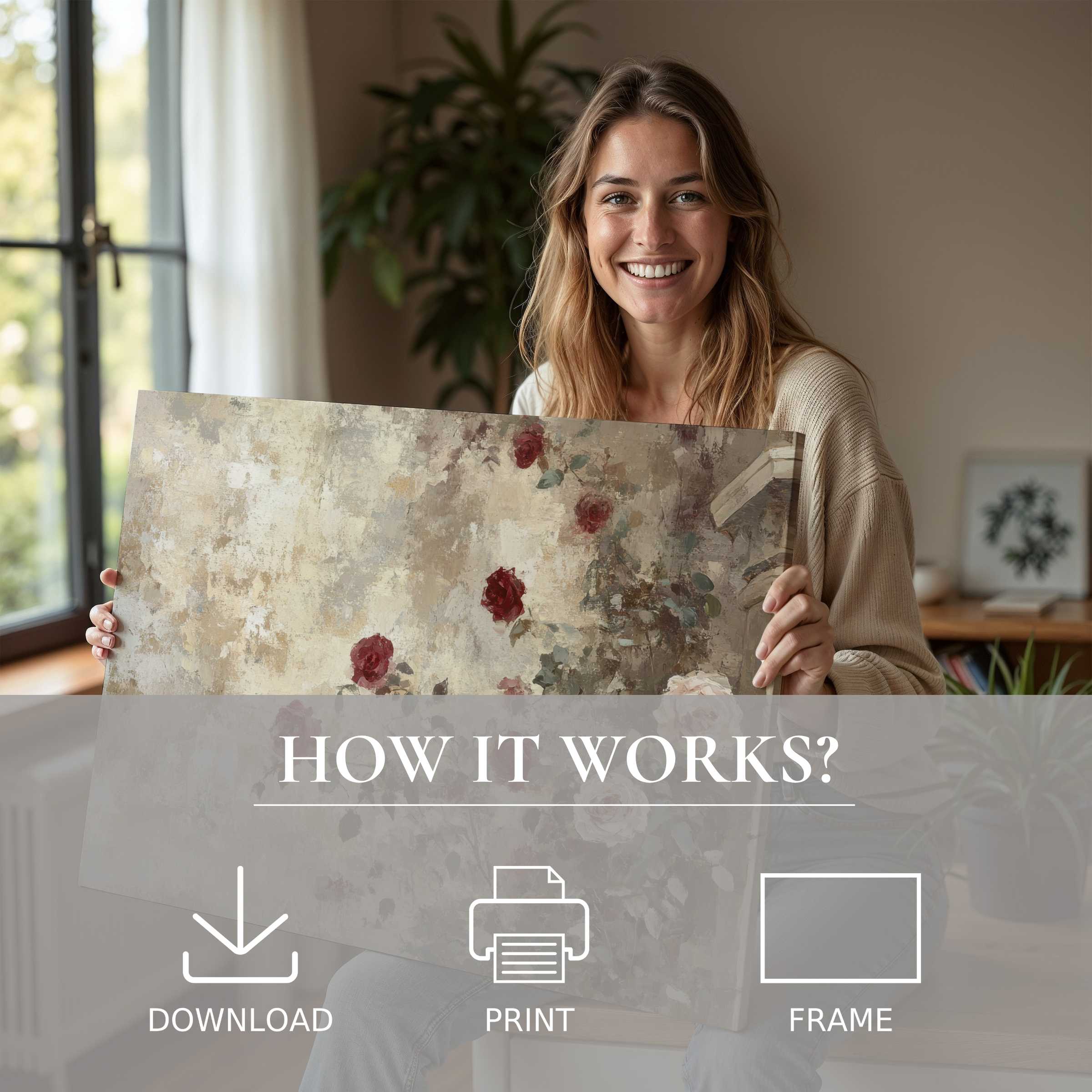 Joyful woman embraces a vintage digital art print with soft earthy tones, illuminating serene elegance in her stylish home