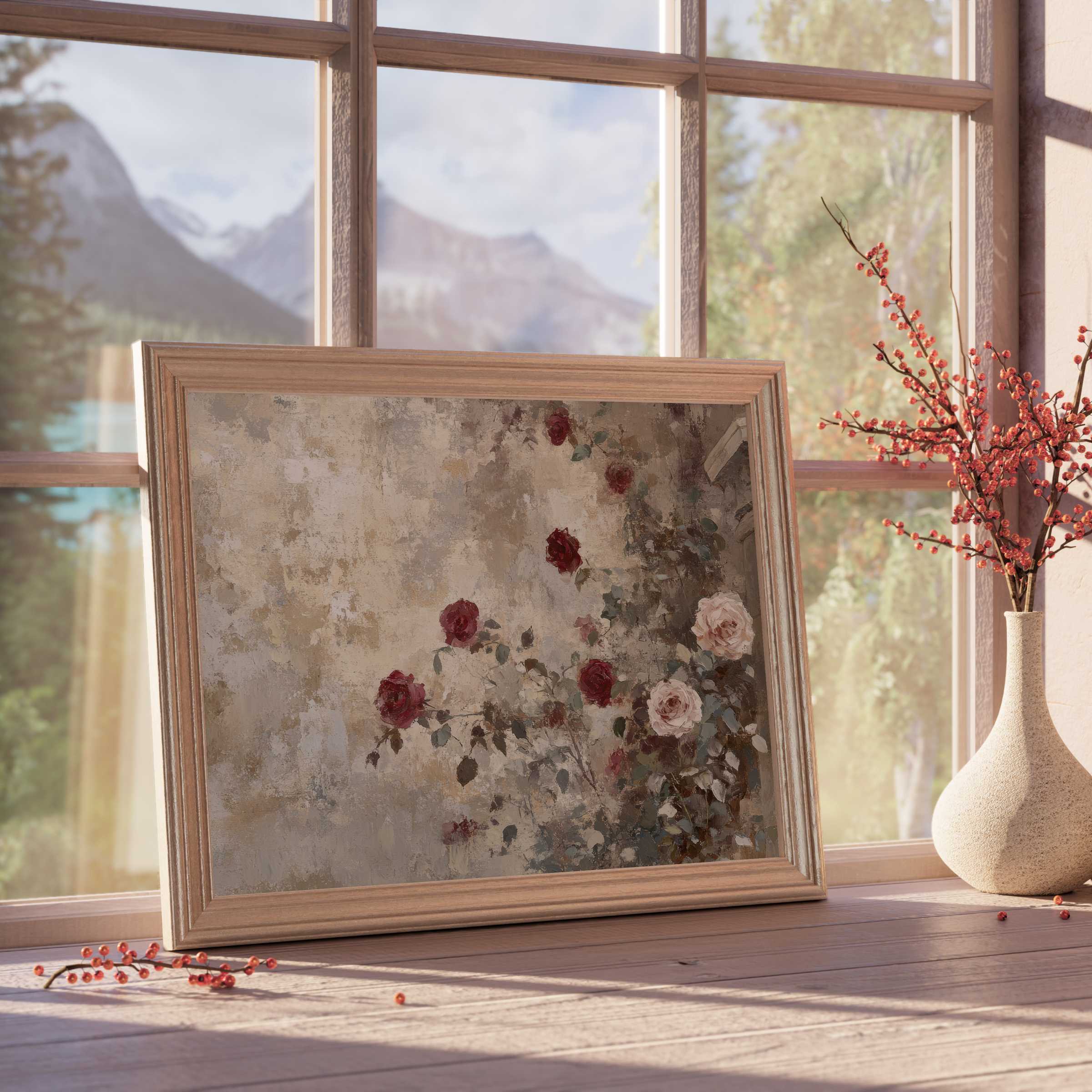 Vintage downloadable art captures timeless romance with delicate roses in soft, muted hues, perfect for curated, tranquil interiors