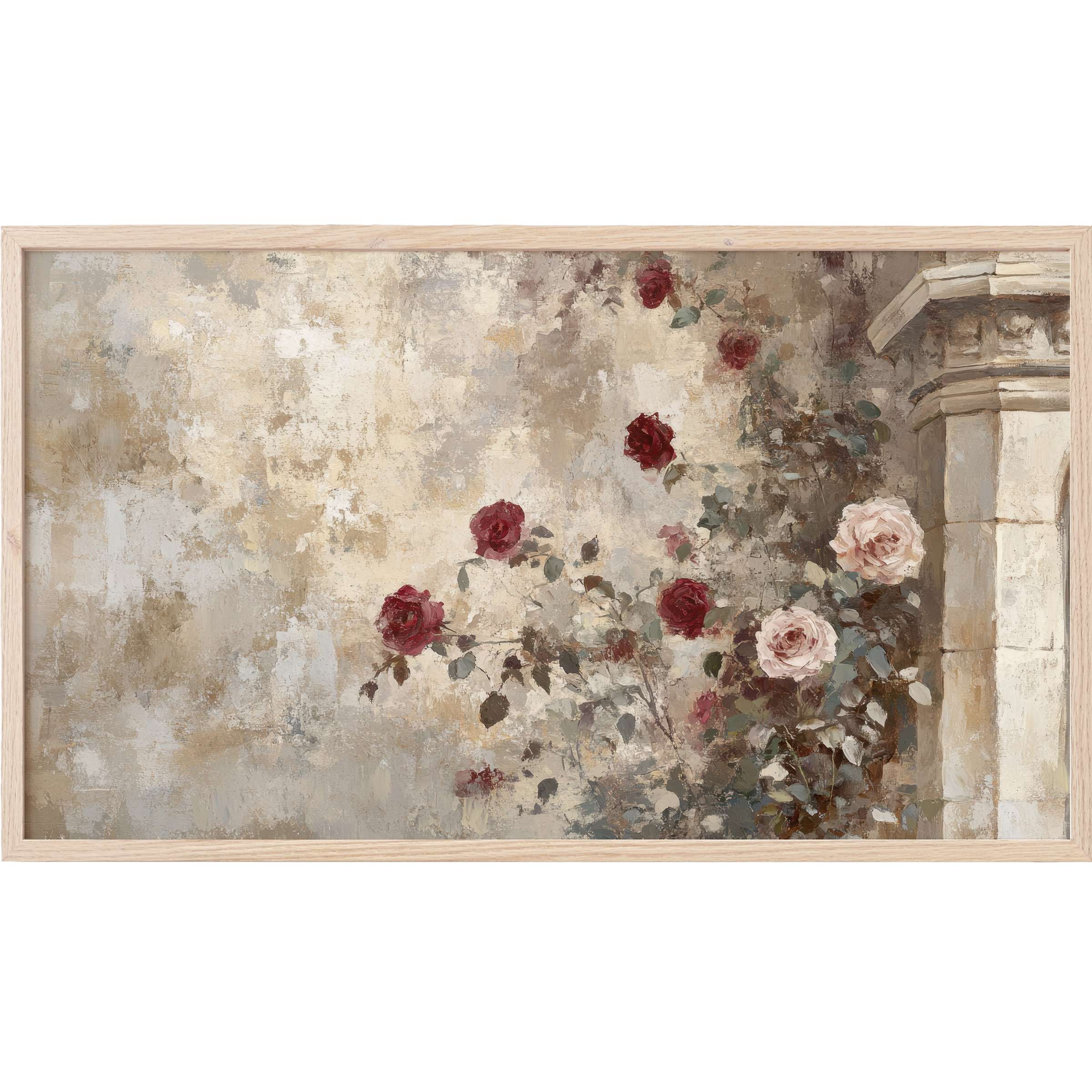 Vintage Frame TV Art with painterly roses in muted reds and soft neutrals against textured rustic stone