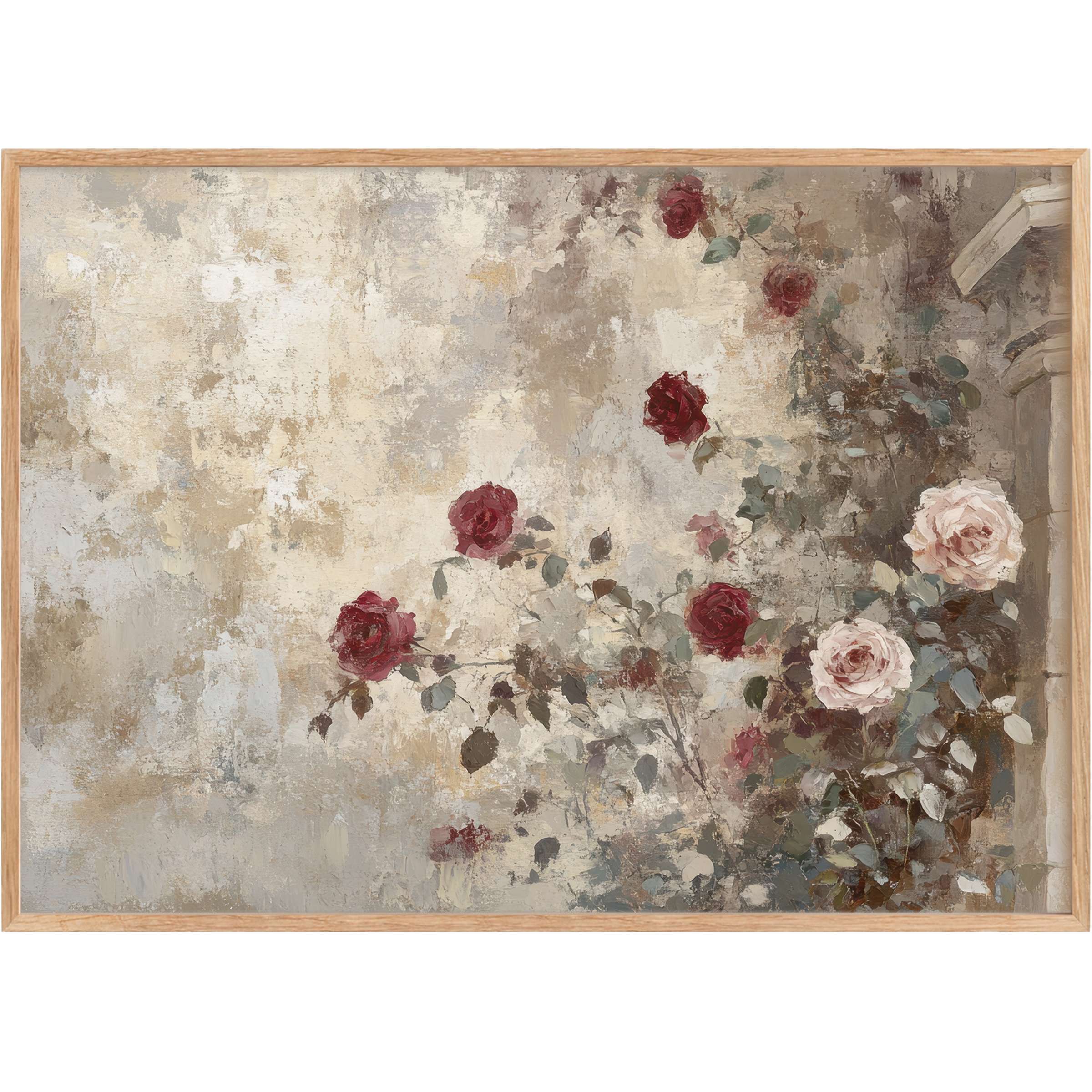 Vintage printable wall art featuring delicate red and blush roses against a textured, muted beige backdrop, evoking timeless elegance and serene warmth