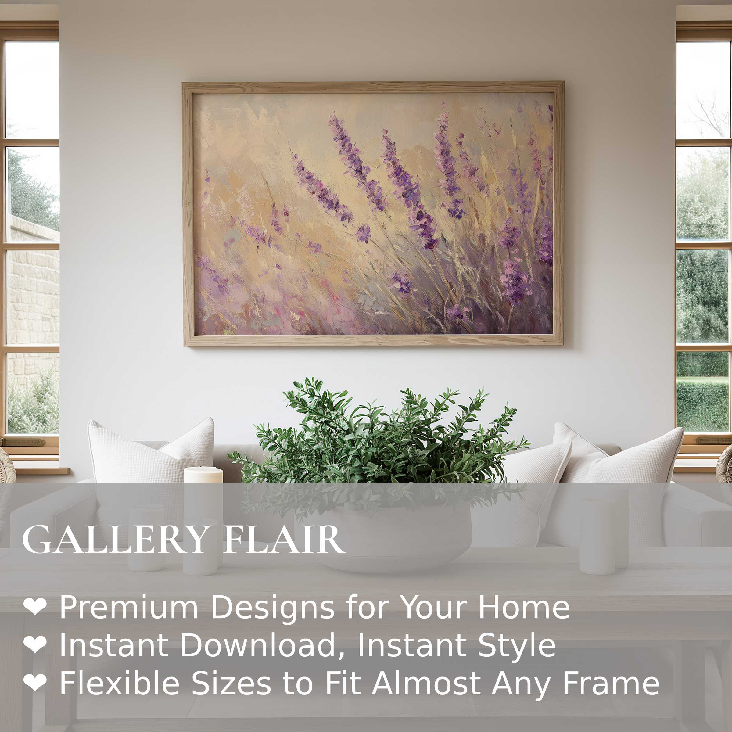 Spring wall art print featuring soft lavender blooms in muted pastels enhances modern minimalist interiors with calming, natural elegance