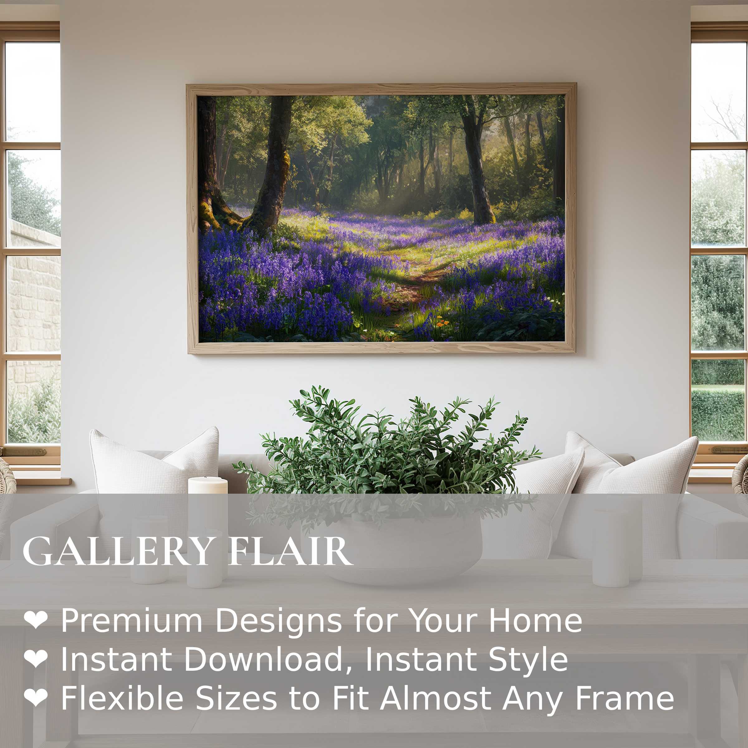 Radiant floral wall art print of a sunlit forest path with vibrant purple blooms, enhancing serene modern living spaces