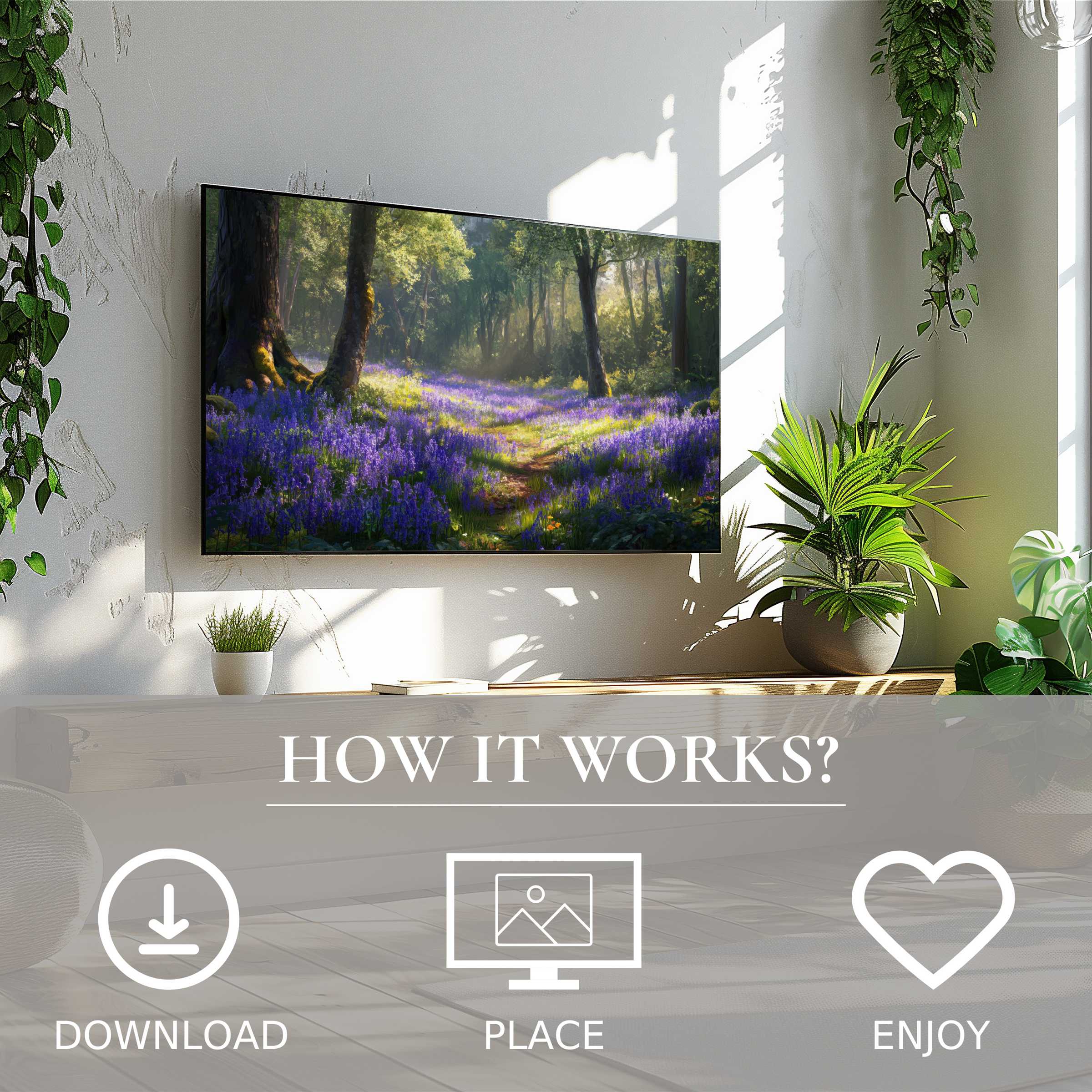 Floral art for Samsung TV shows a serene forest path with purple blooms, easy digital download enriches modern living spaces