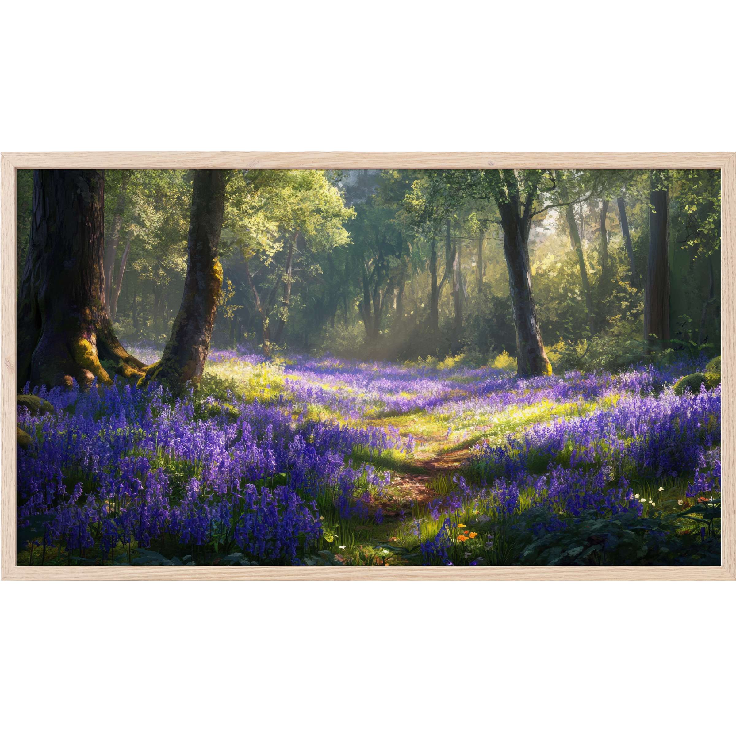 Floral Frame TV Art: modern woodland scene with vibrant purple blooms and sunlit green foliage in an elegant frame