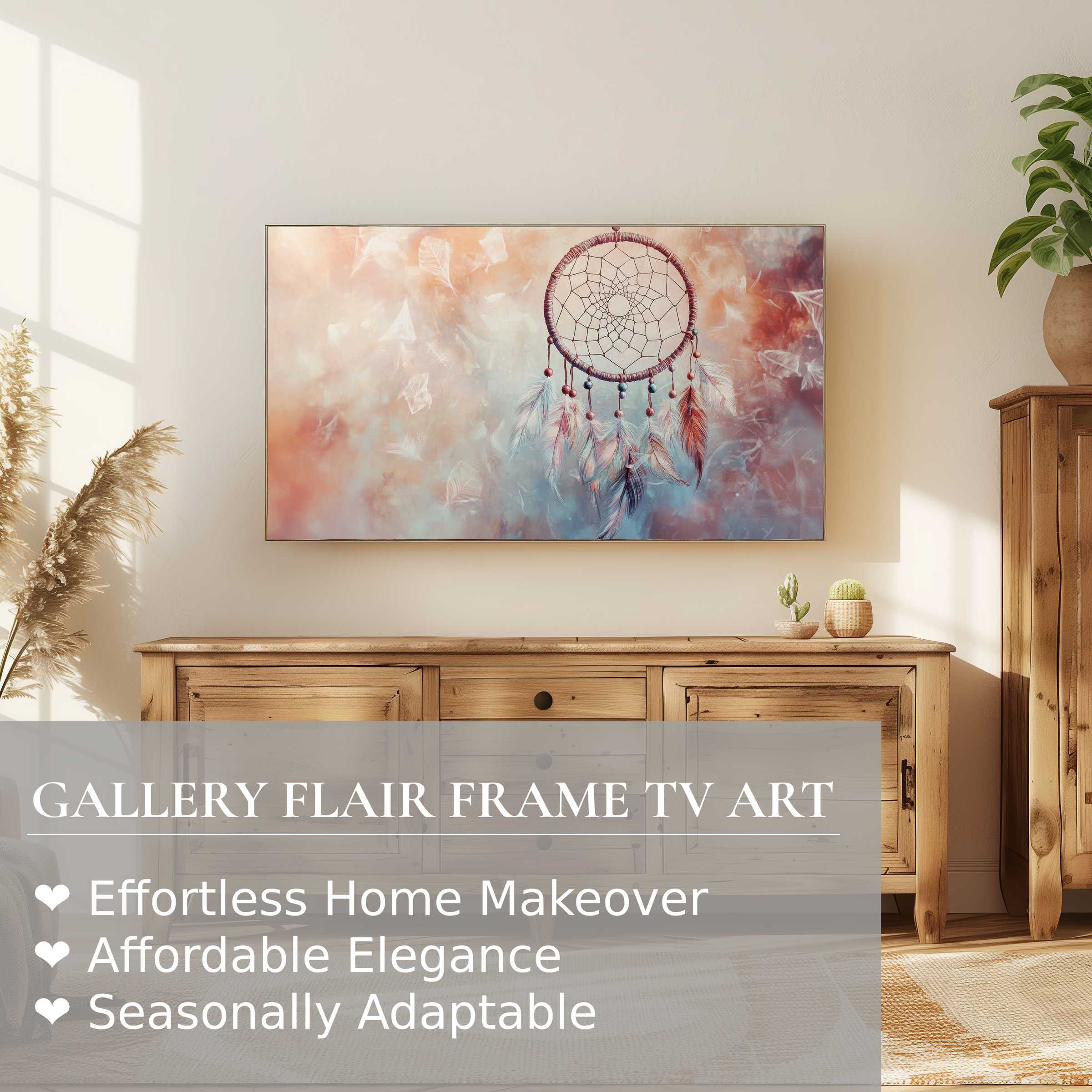 Samsung Frame TV showcases boho digital artwork with dreamcatcher in warm, earthy tones, enhancing refined modern interiors