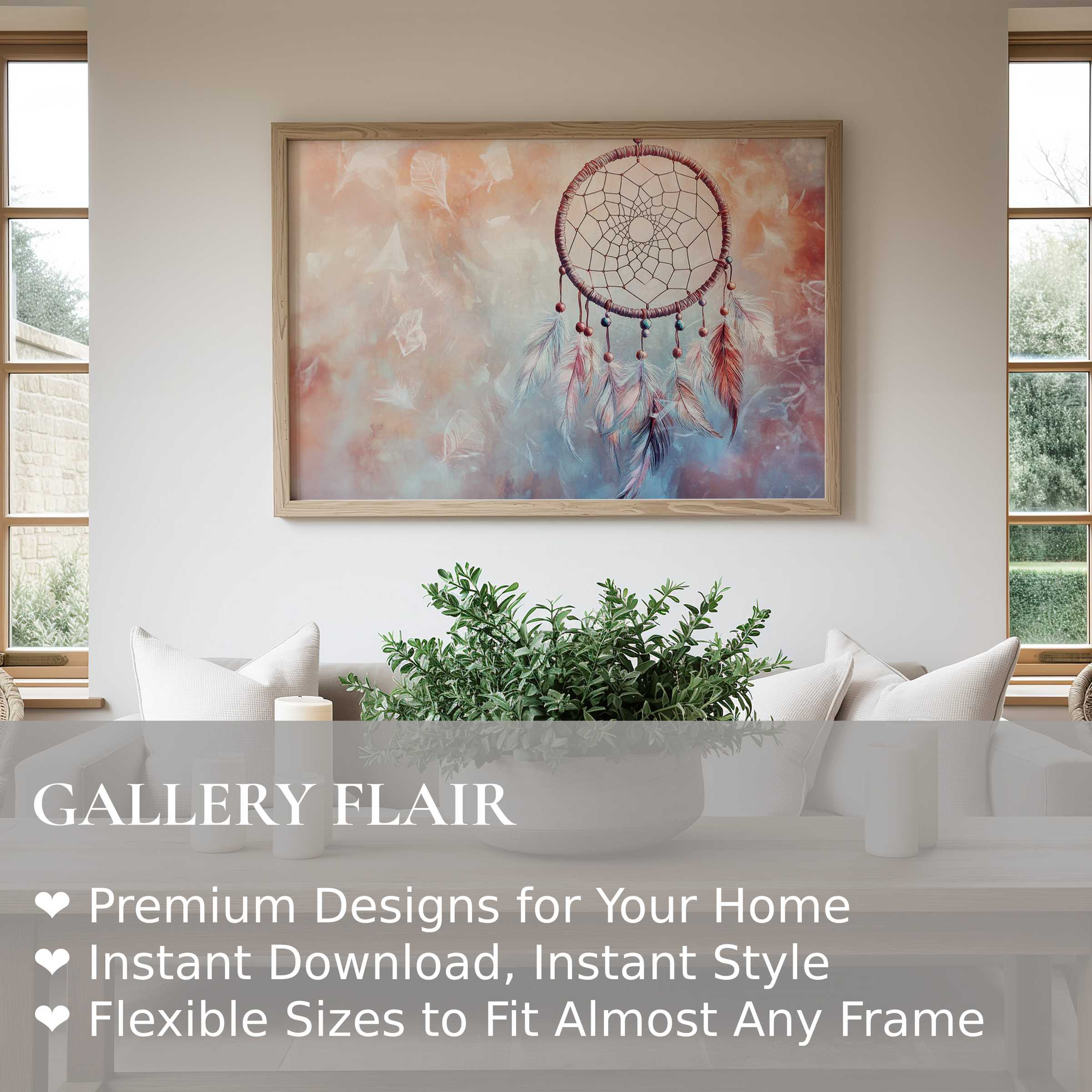 Boho wall art print featuring a soft dreamcatcher in warm pastels, enhancing serene modern farmhouse interiors with calming, airy elegance