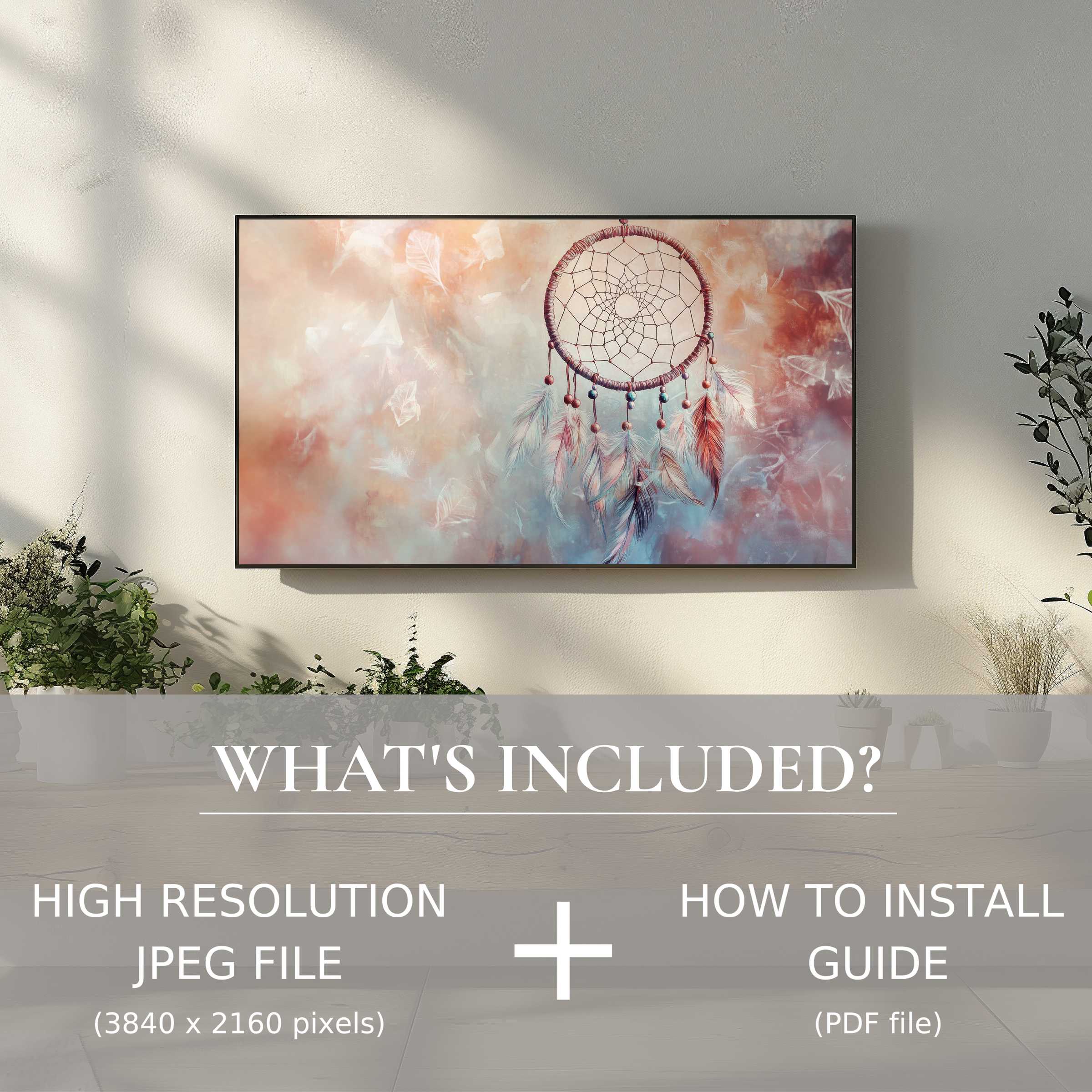 Elegant boho digital TV art download with dreamcatcher design, enhancing living spaces via easy digital use and installation