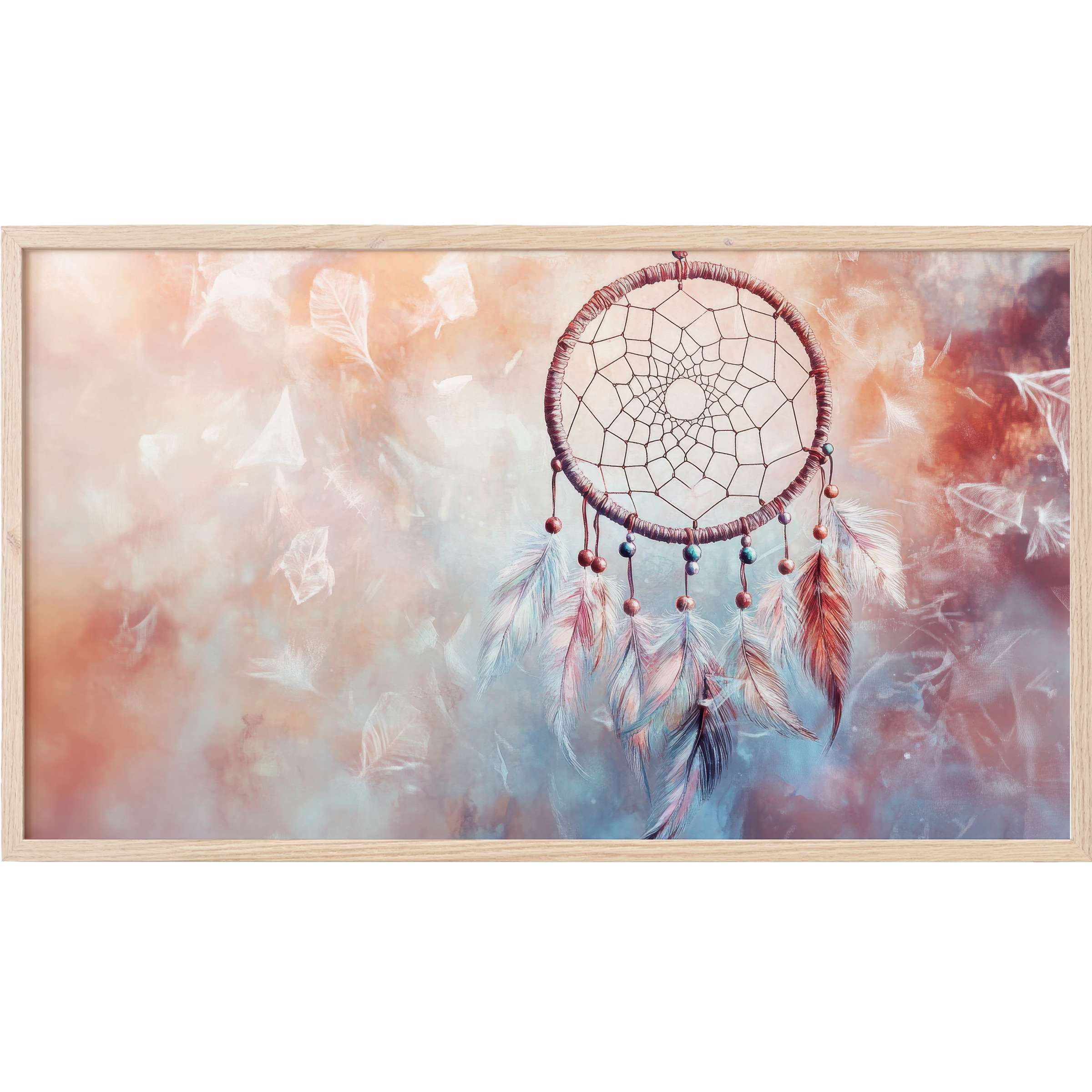 Elegant boho Frame TV Art featuring a delicate dreamcatcher with soft peach, blue, and mauve watercolor hues
