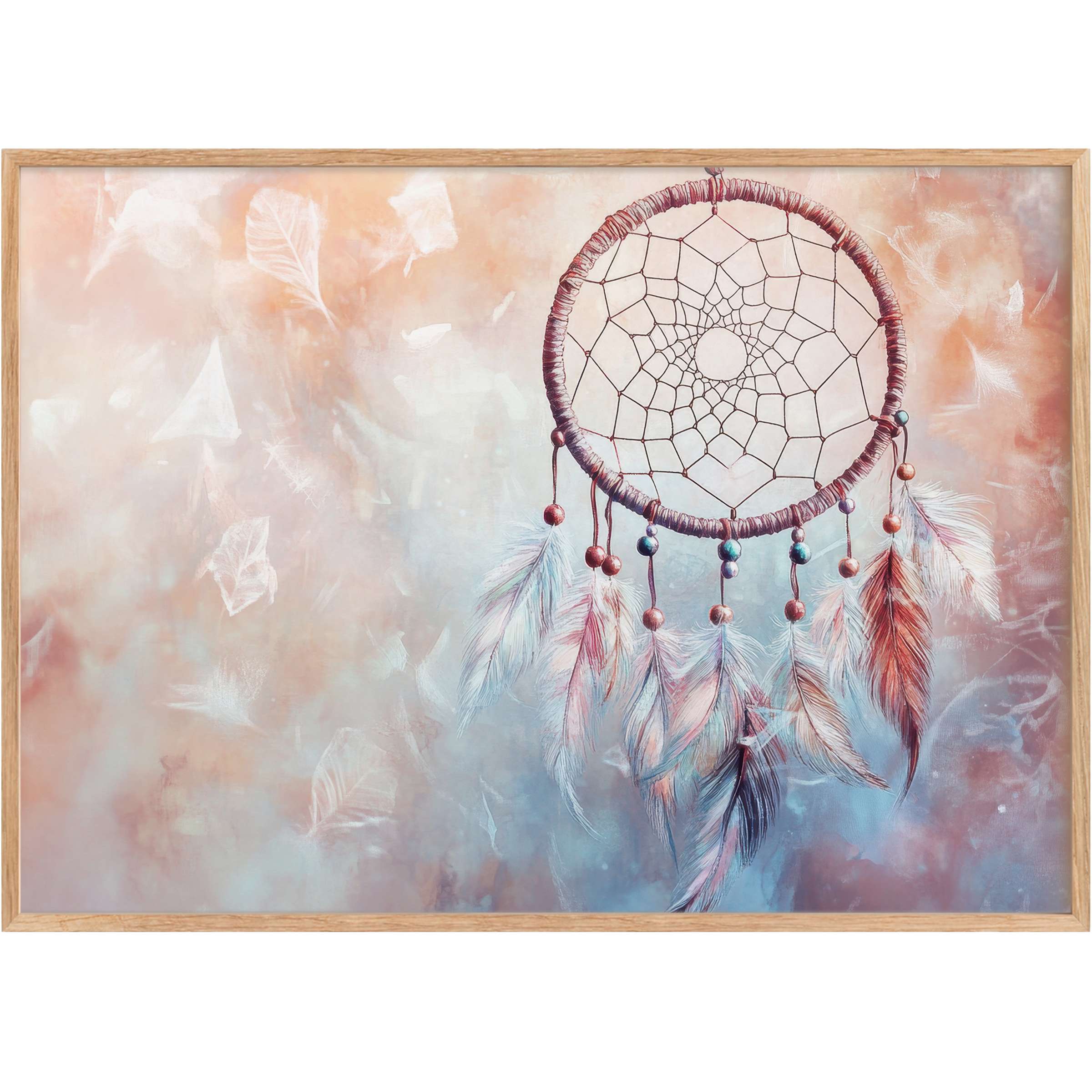 Ethereal boho printable wall art featuring a dreamcatcher in soft blush and cool blue hues, evoking serene, uplifting calm