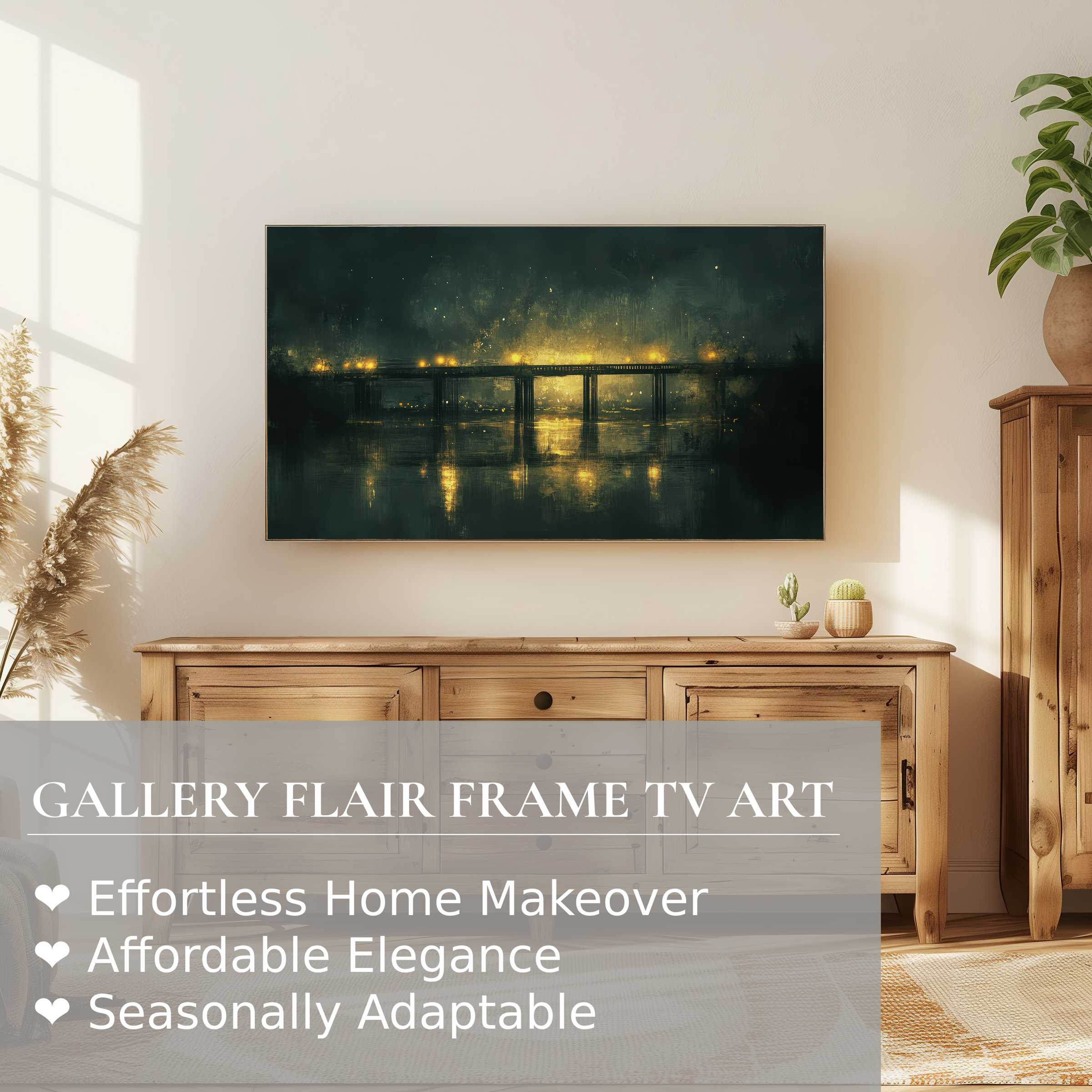 Samsung Frame TV showcasing moody urban digital artwork of a glowing bridge in a modern, elegant living space