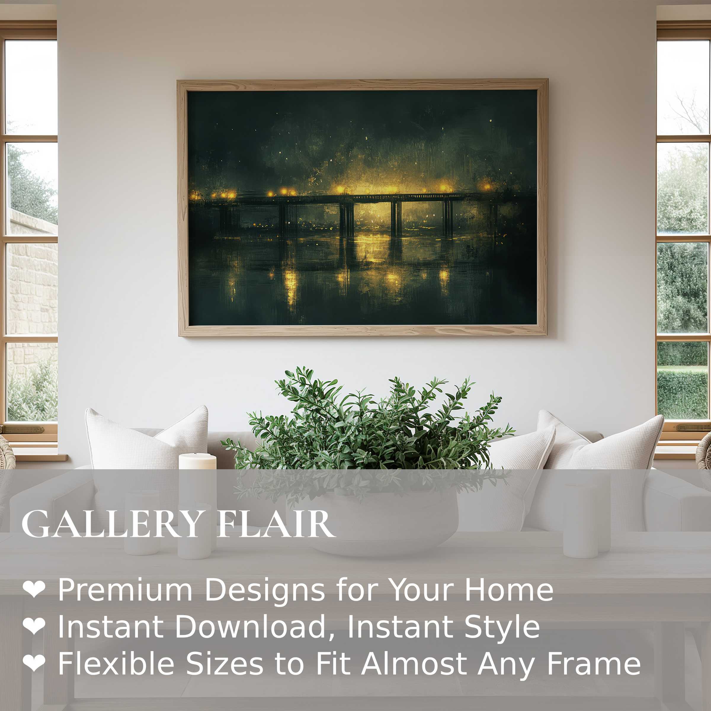 Urban art wall art print featuring a radiant night bridge scene with golden lights, enhancing modern minimalist interiors with bold, atmospheric charm