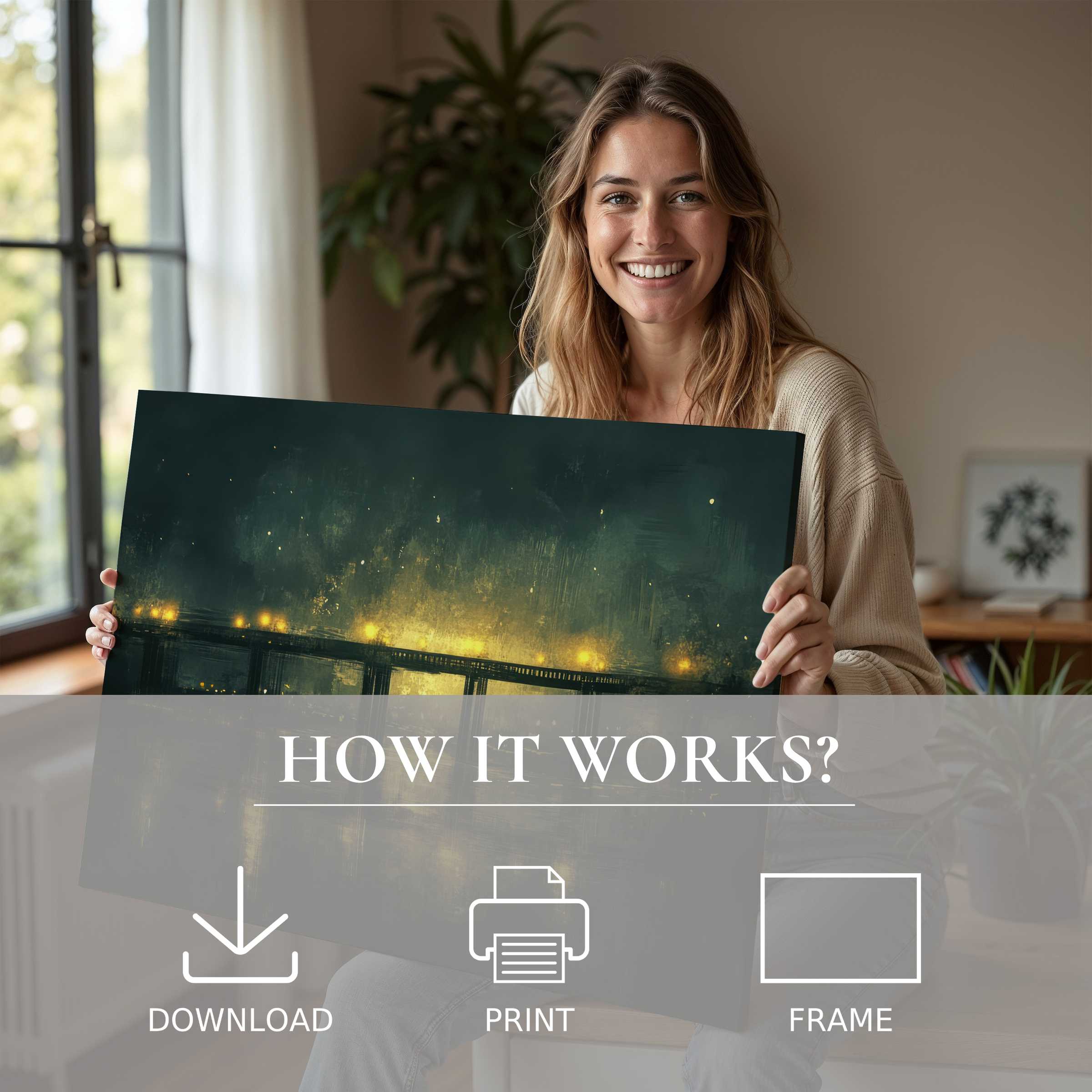 Bright urban digital art print held by a joyful woman in a serene modern home, embodying art’s effortless warmth and connection