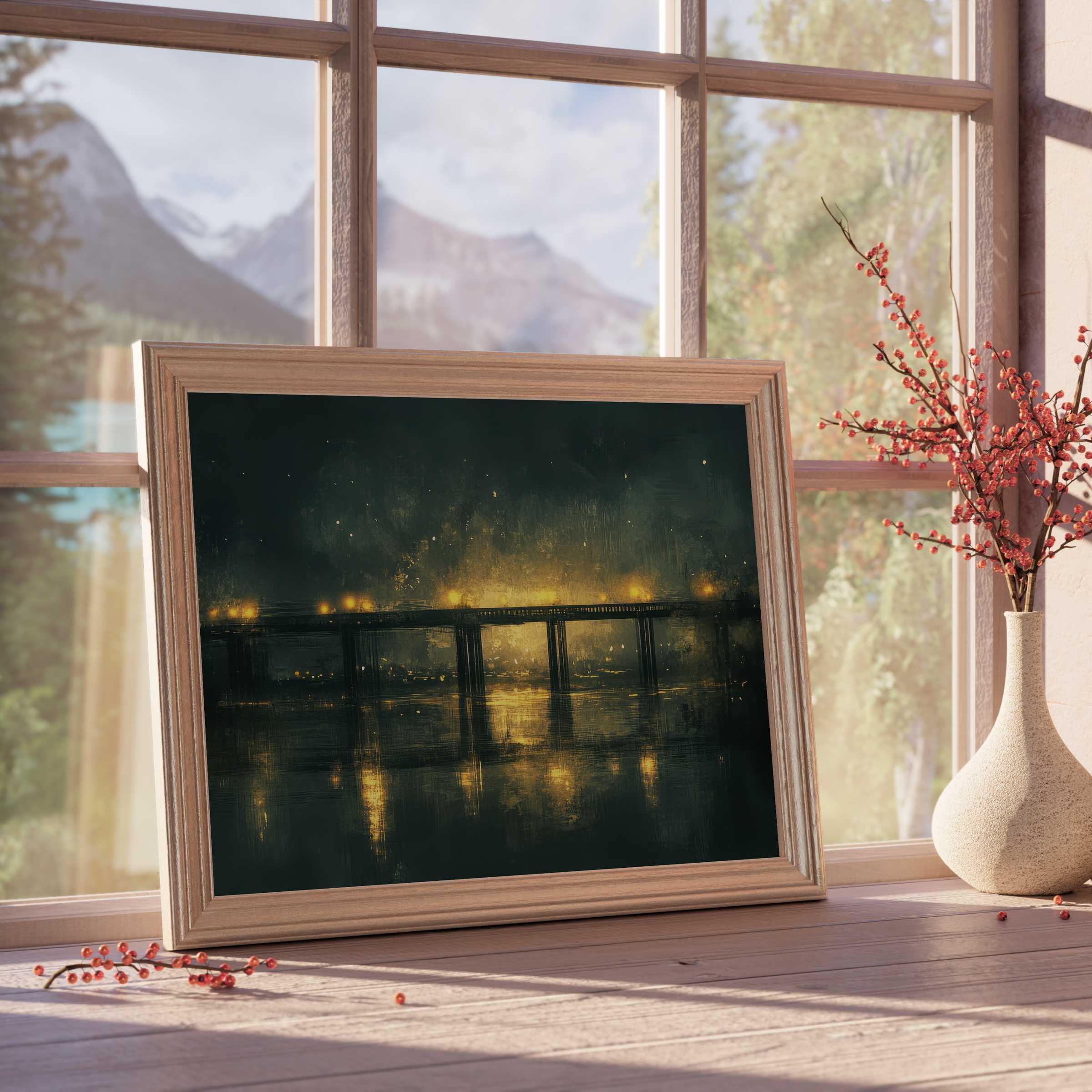 Urban downloadable art capturing a luminous city bridge glowing warmly at night, perfect for curated, tranquil interiors