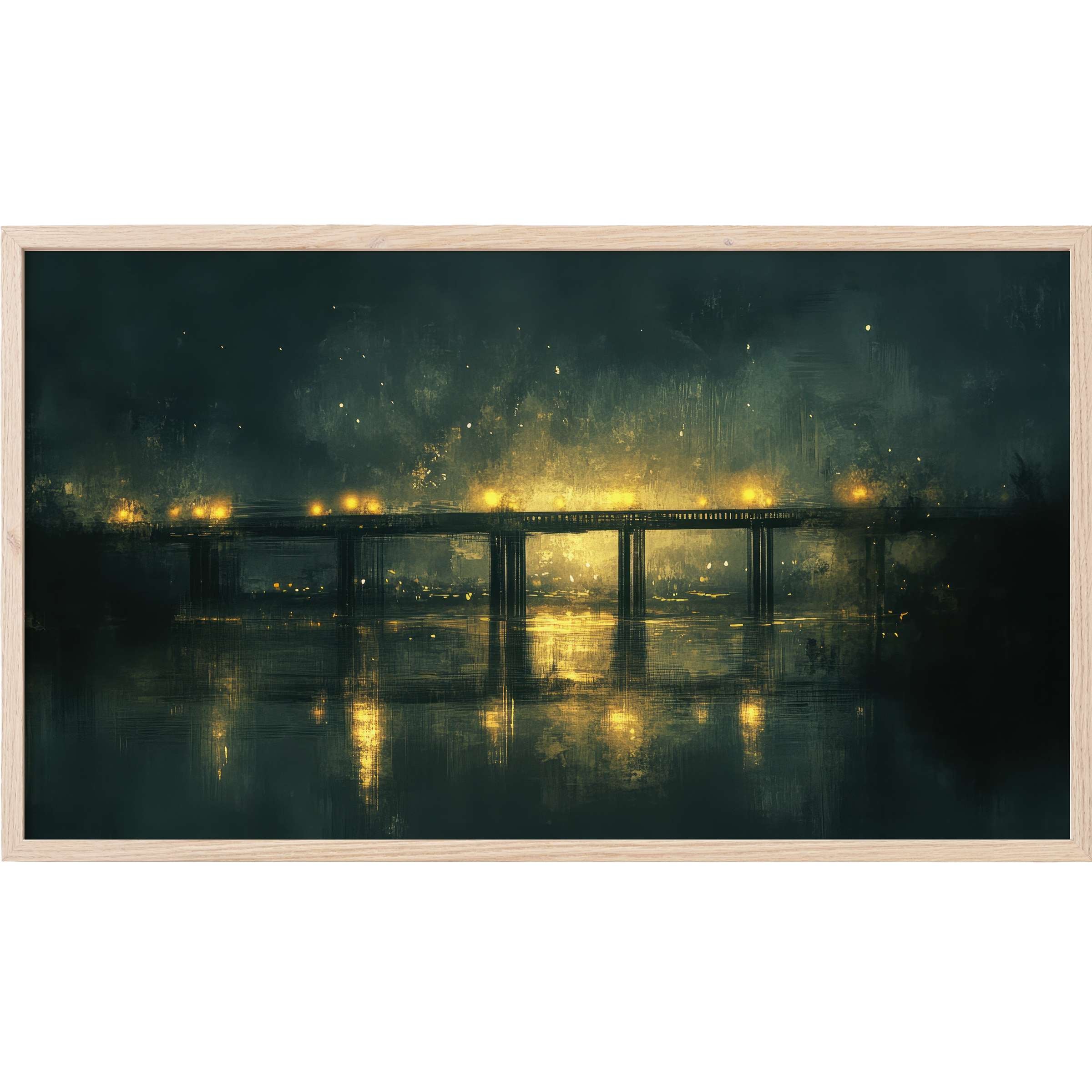 Urban Frame TV Art captures a moody bridge scene in deep blues and glowing golds with a sleek, painterly style