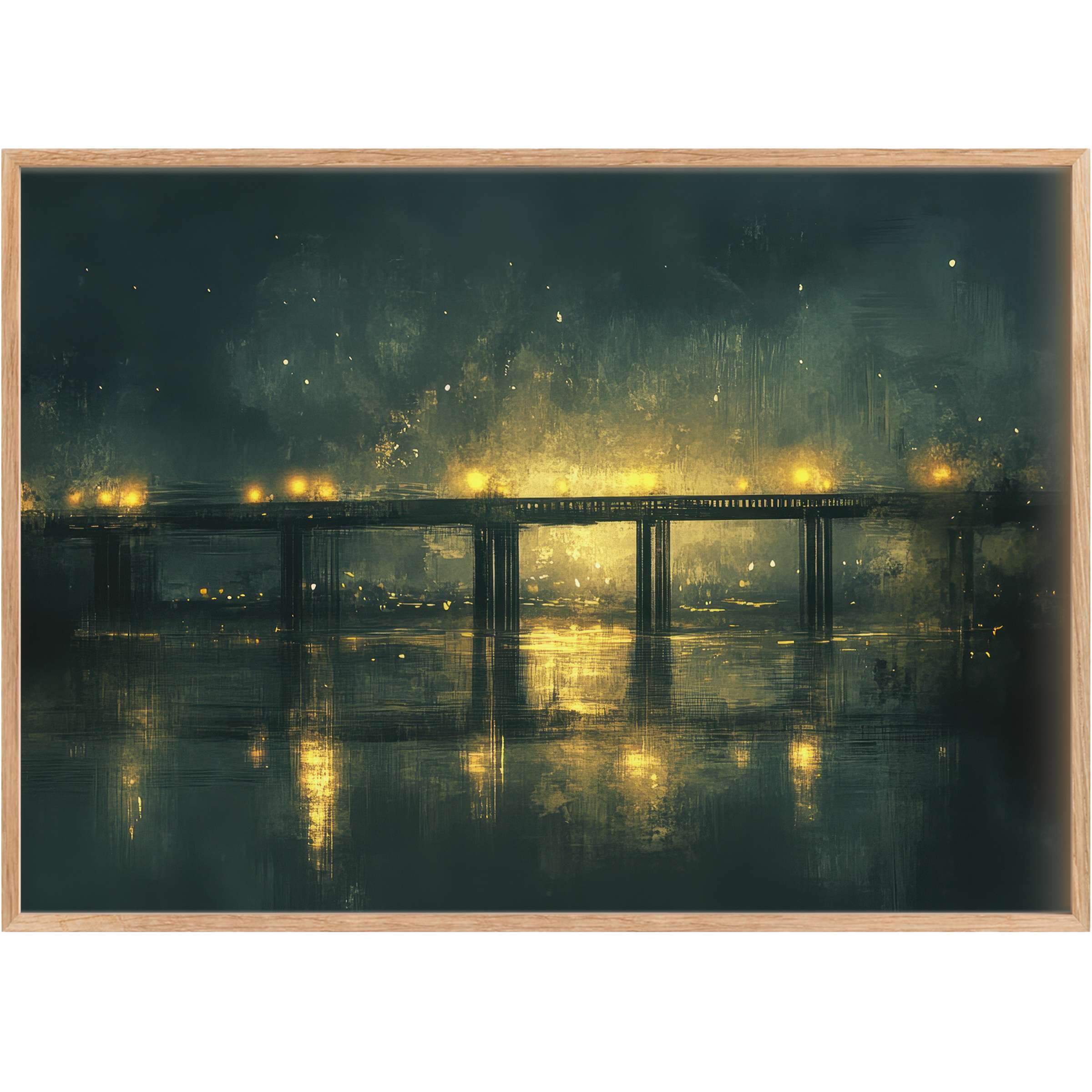 Moody urban printable wall art featuring a luminous bridge glowing in golden hues, evoking a serene, reflective ambiance