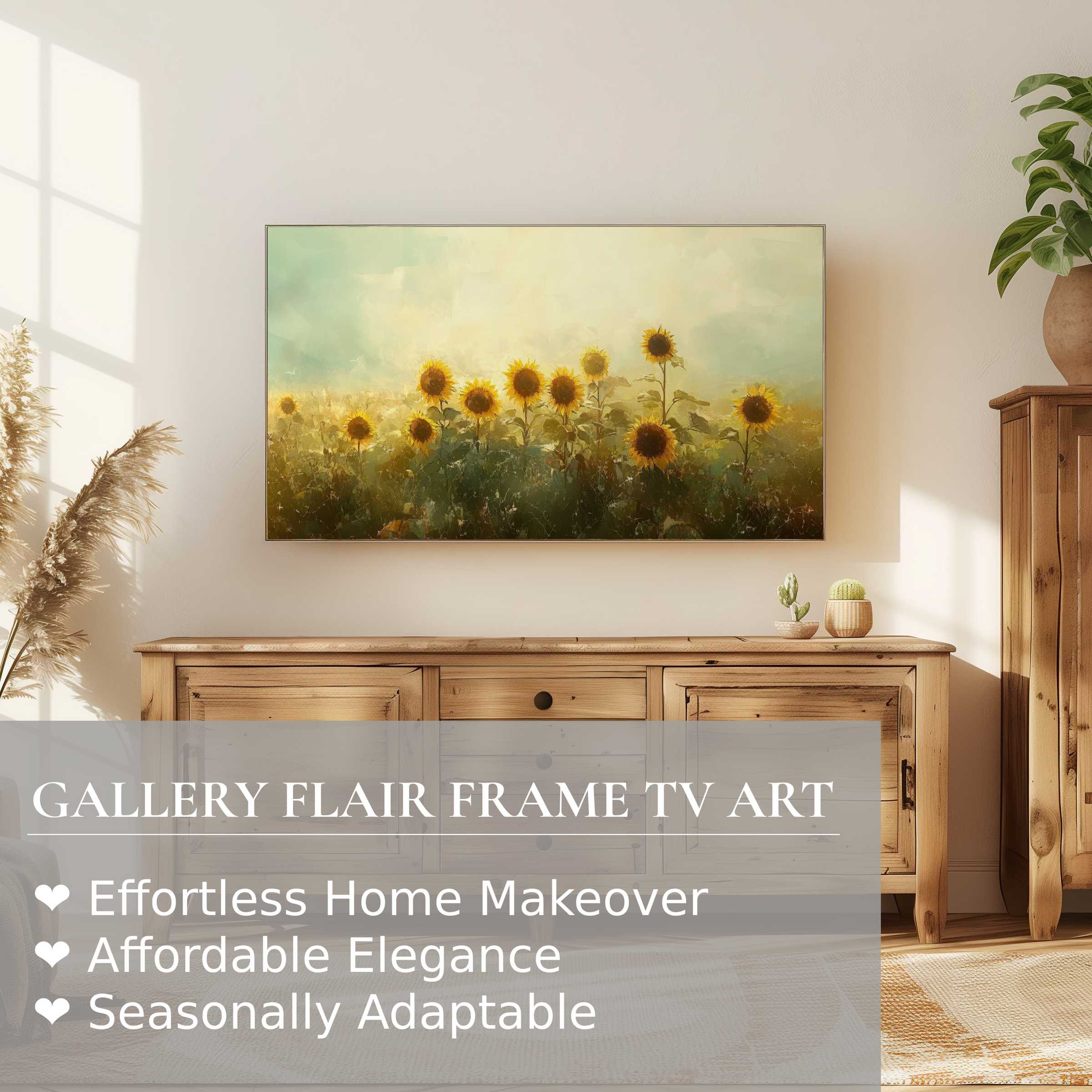 Samsung Frame TV displays warm, serene summer digital artwork of sunflowers, enhancing elegant, modern home décor