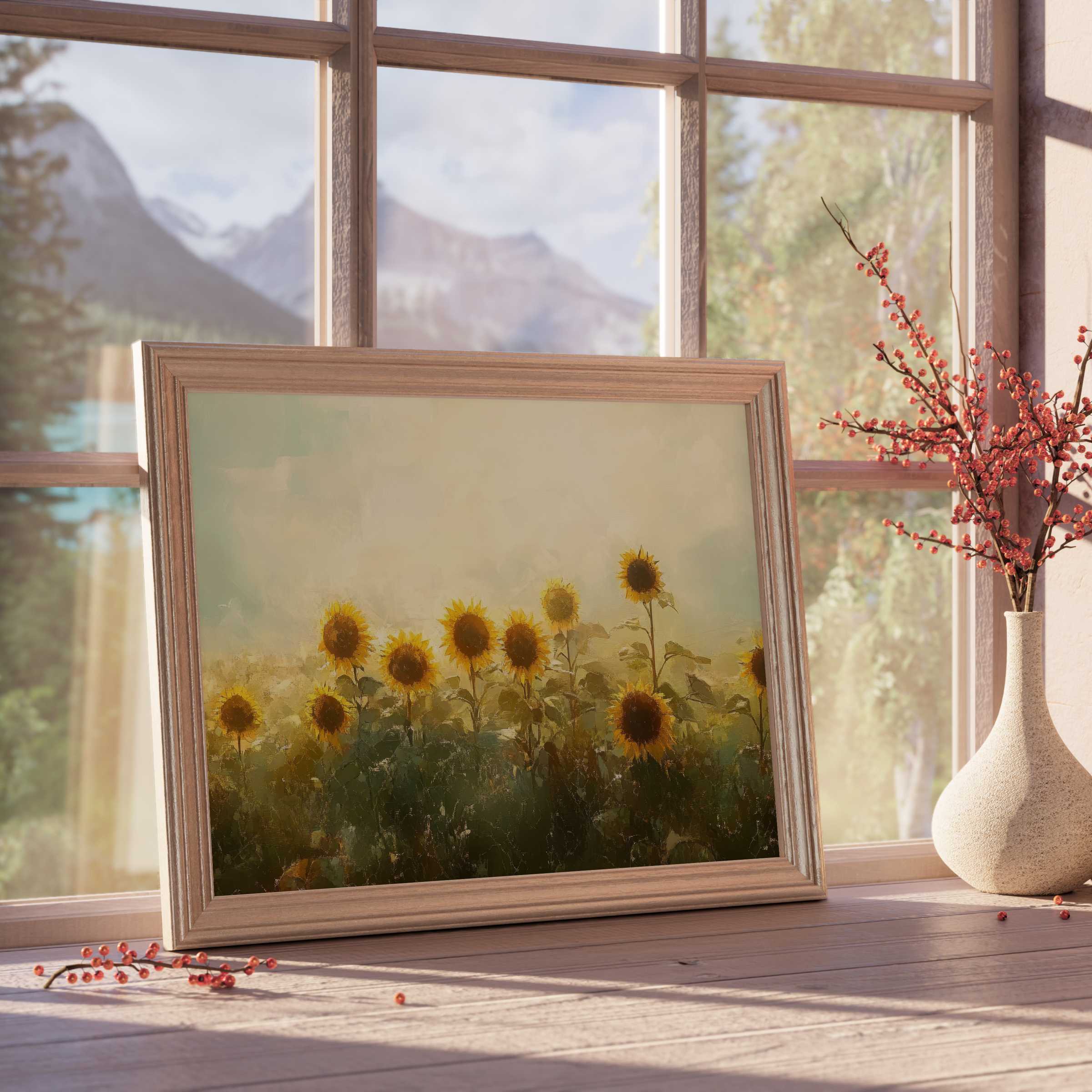 Sun-drenched summer downloadable art of vibrant sunflowers, infusing tranquil, curated interiors with warm, natural elegance