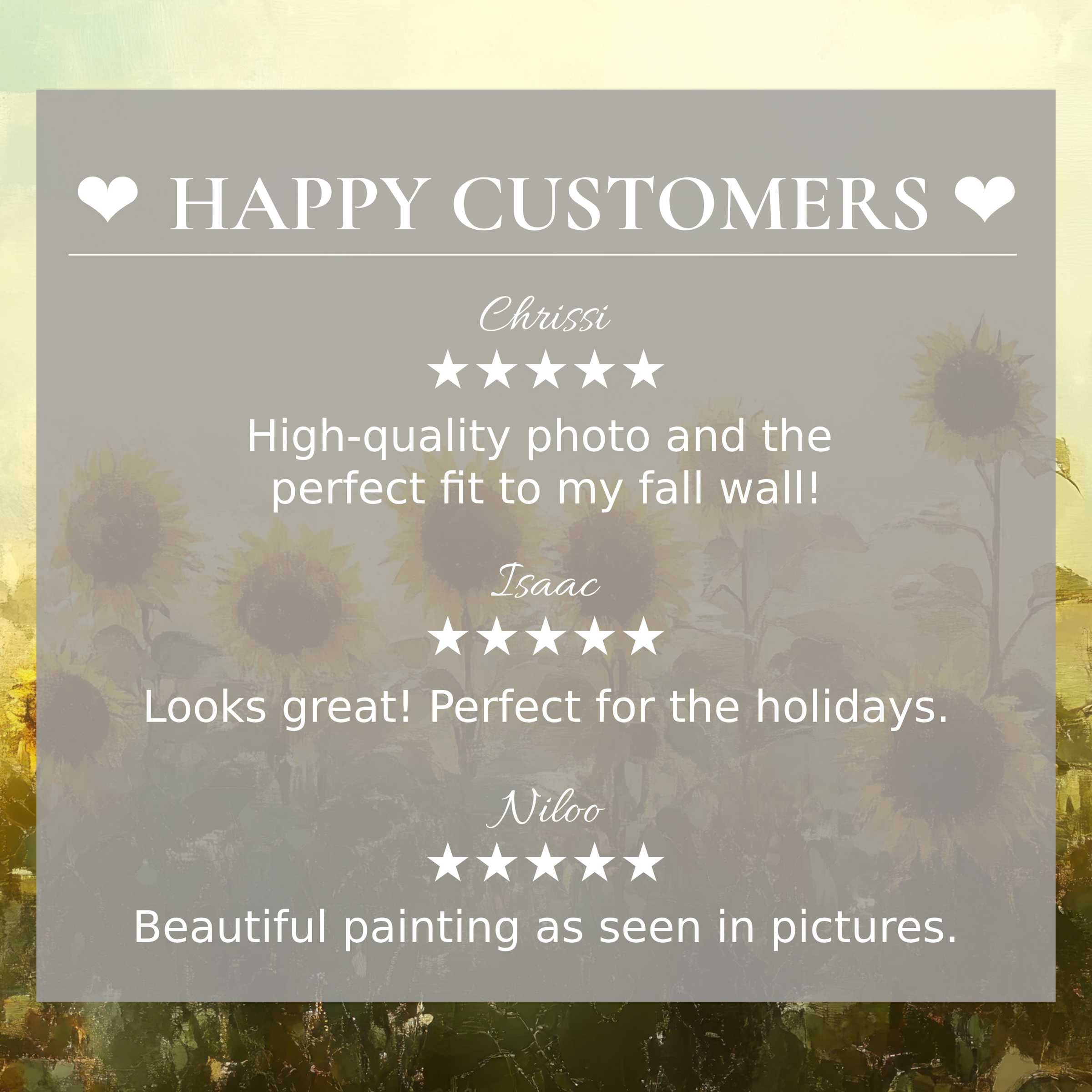 Elegant layout with abstract sunflower art, showcasing positive reviews to inspire trust - a perfect summer art for Frame TV, happy customer