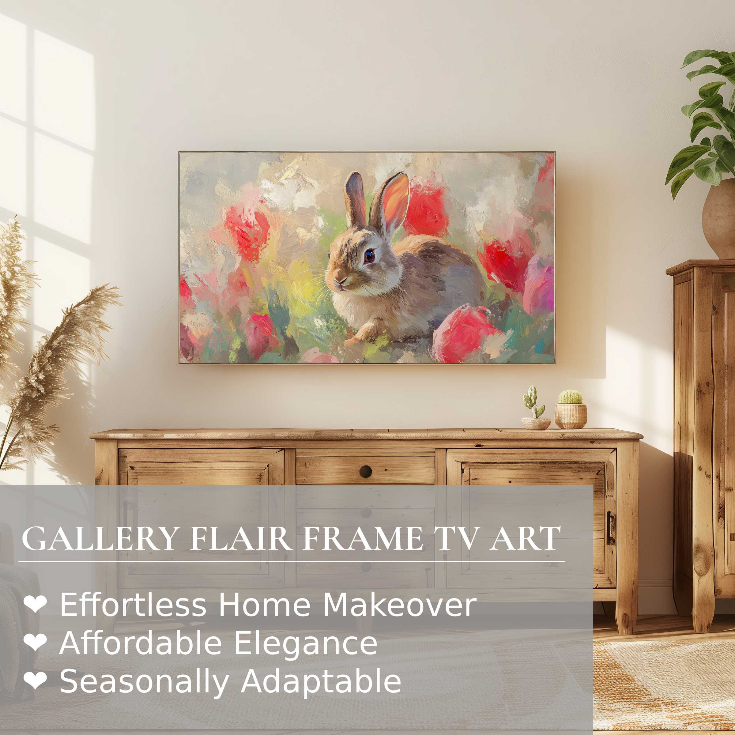 Samsung Frame TV displaying elegant easter digital artwork of a soft rabbit amid vibrant flowers in a cozy modern setting