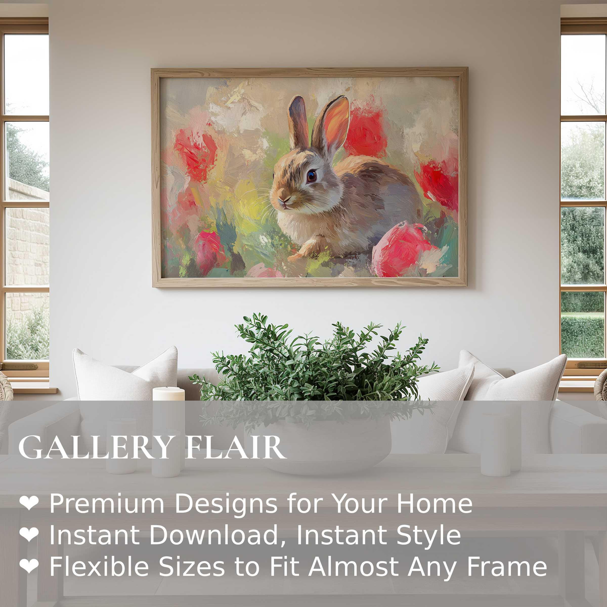 Easter wall art print featuring a soft, radiant bunny amid blooming florals, enhancing serene modern farmhouse interiors