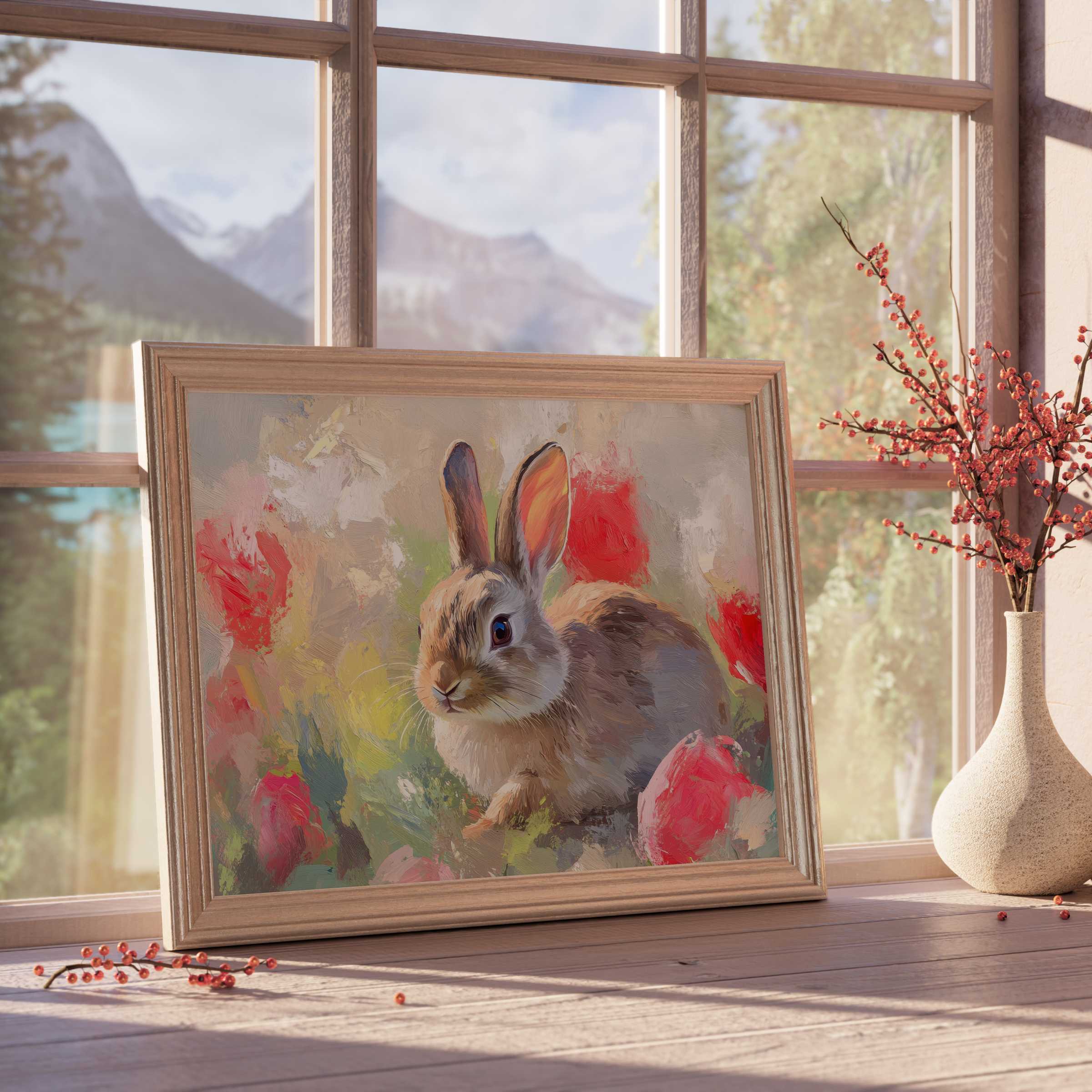 Easter downloadable art featuring a serene bunny among vibrant florals, enhancing tranquil, curated luxury interiors