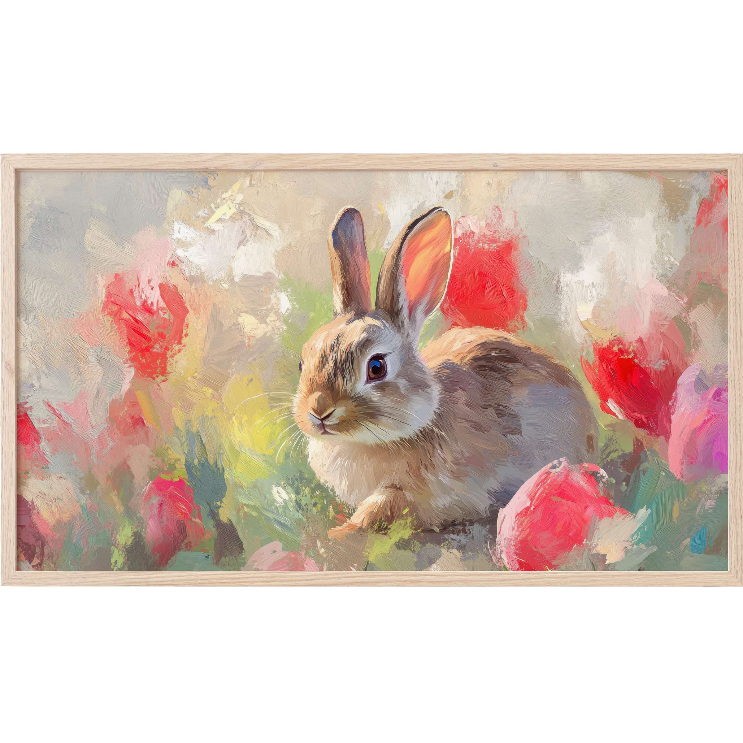 Elegant easter Frame TV Art featuring a soft, impressionistic bunny amidst vivid pink and red floral hues