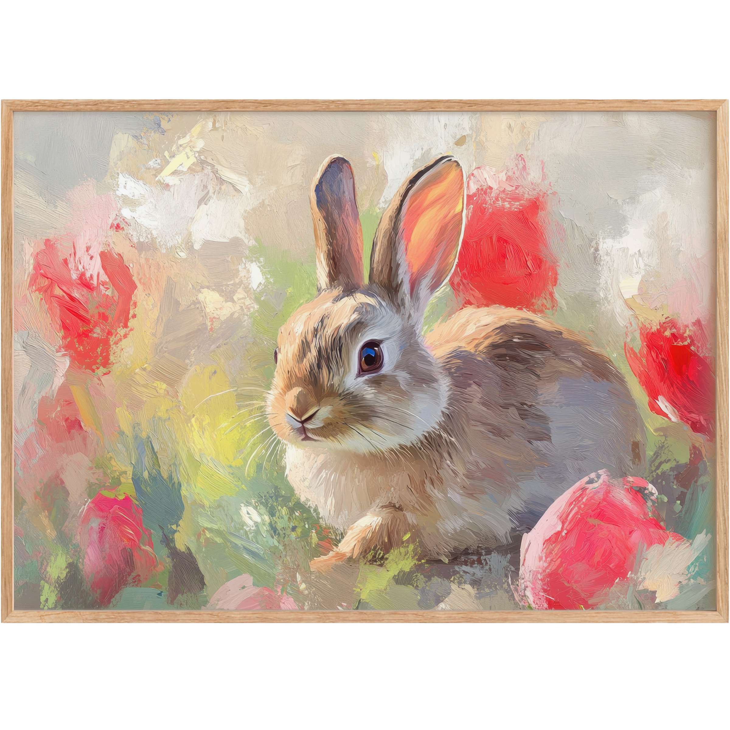 Charming easter printable wall art with a gentle rabbit in soft earthy tones, enlivened by vibrant reds and calming pastels for a serene, joyful ambiance