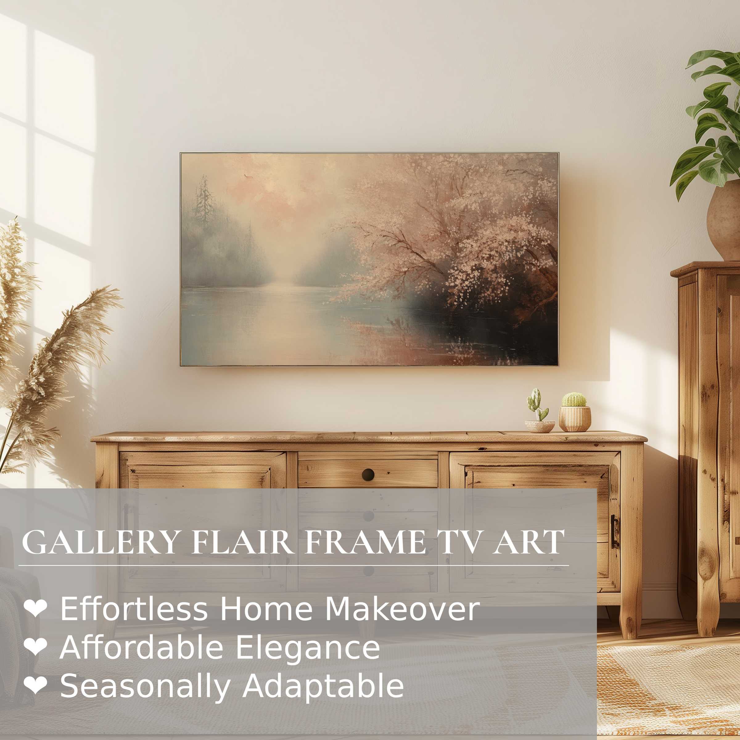 Serene landscape digital artwork on Samsung Frame TV, blending soft pastels with elegant modern home decor