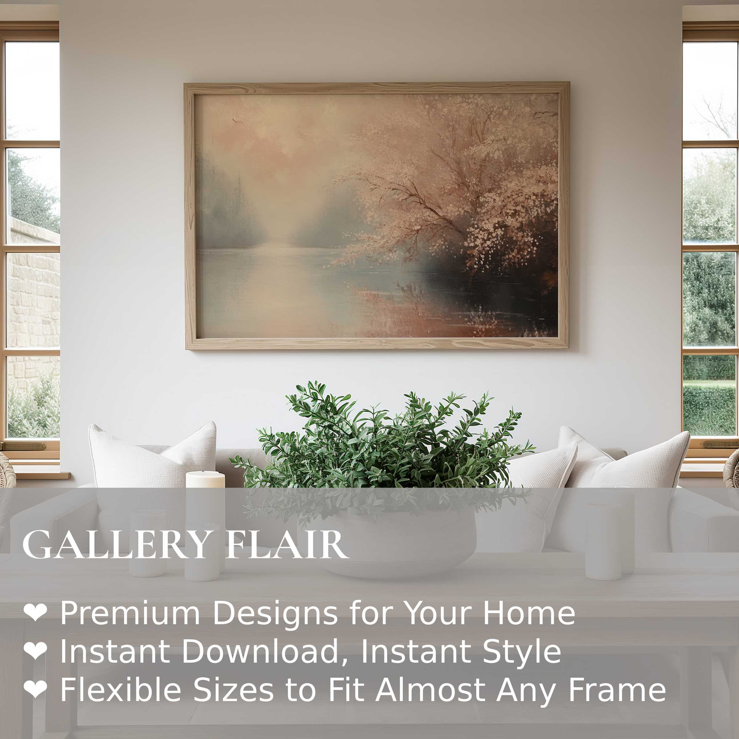 Serene landscape wall art print in soft earth tones, enhancing modern minimal interiors with calming, radiant ambiance and natural elegance