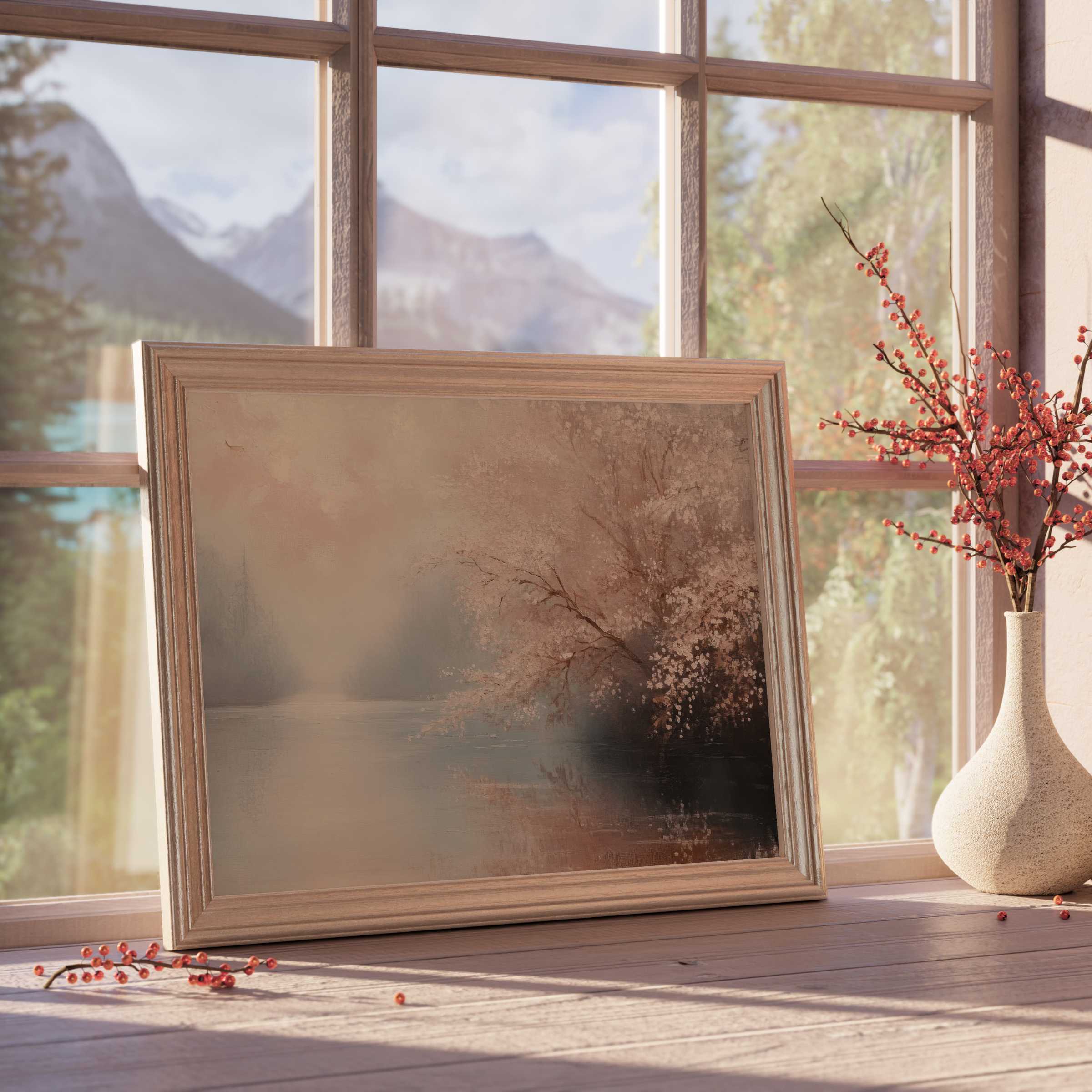 Elegant landscape downloadable art capturing serene water reflections and delicate blossoms in warm, tranquil hues, perfect for curated modern interiors
