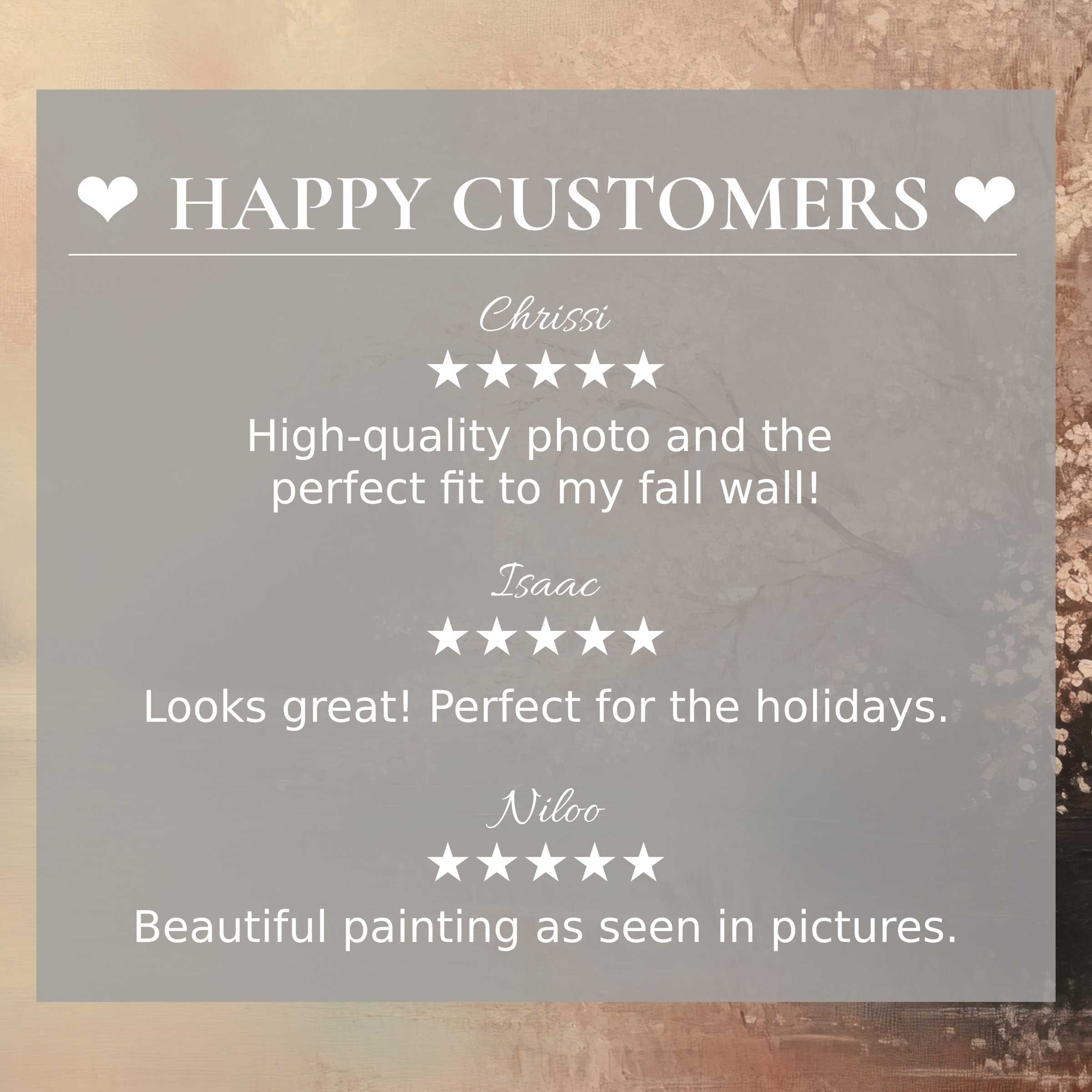 Refined layout with abstract sunset colors background showcasing happy customer reviews and landscape art for Frame TV