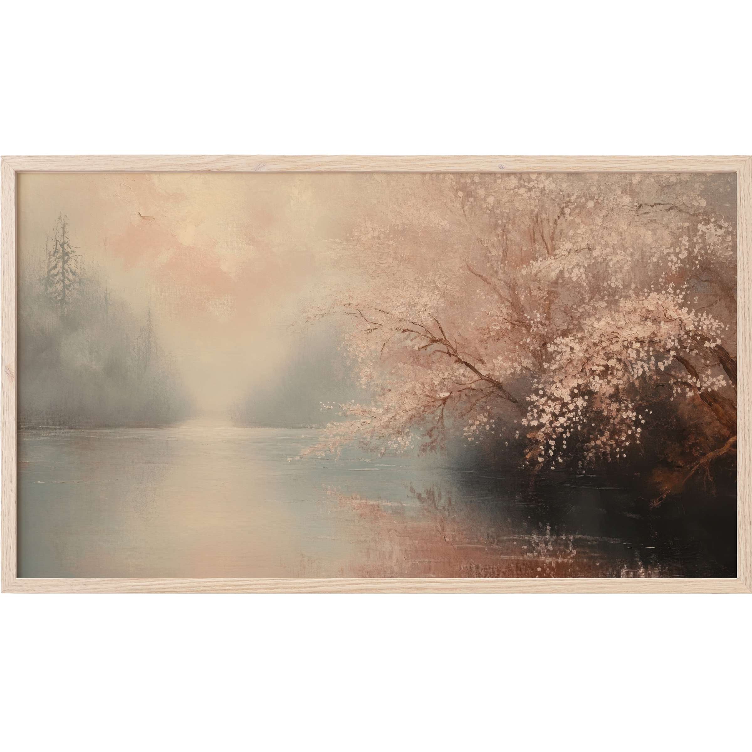 Elegant misty river scene with soft blush and cream blossoms in a modern landscape Frame TV Art style