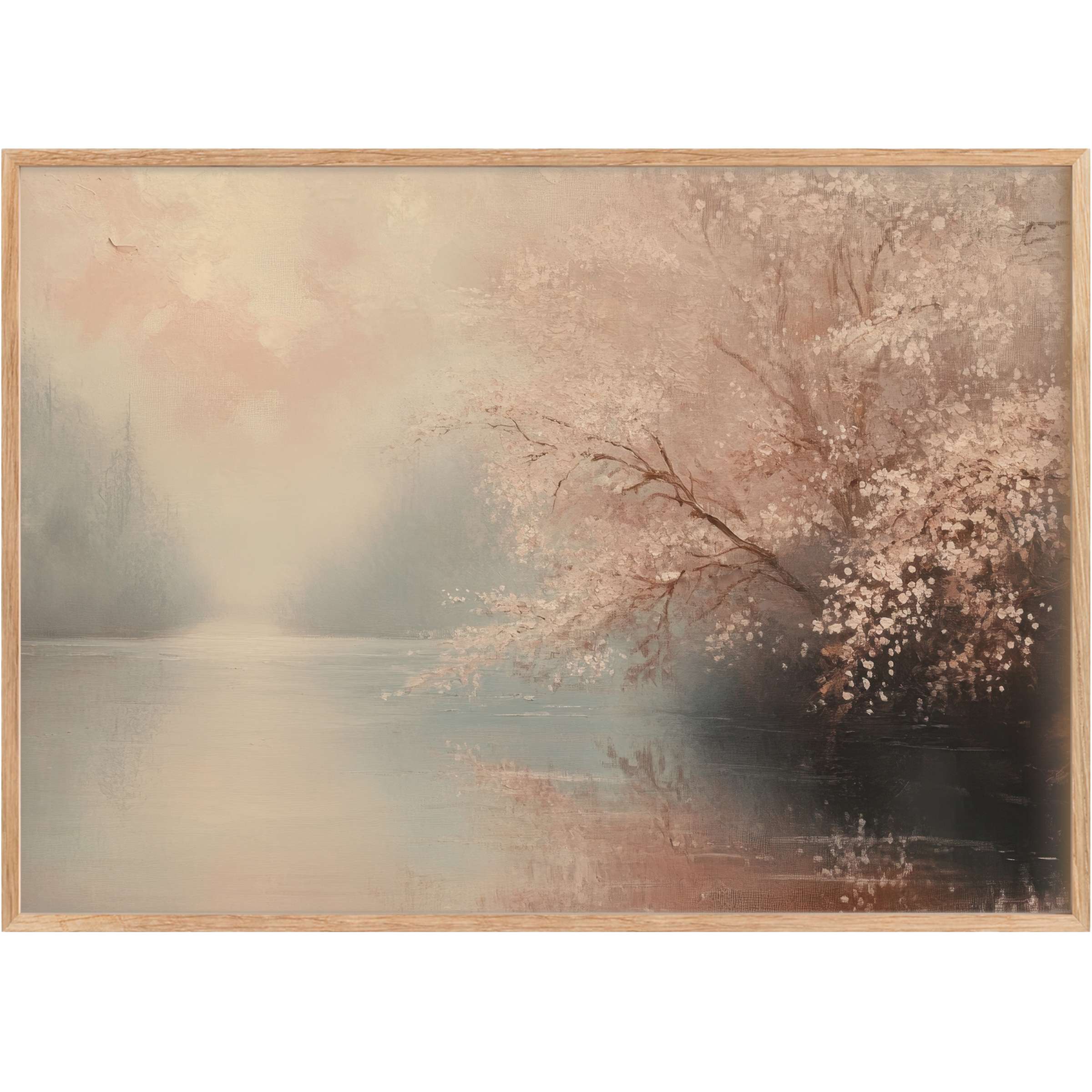 Elegant landscape printable wall art with soft blush and muted blues, evoking a serene, dreamy ambiance for refined interiors