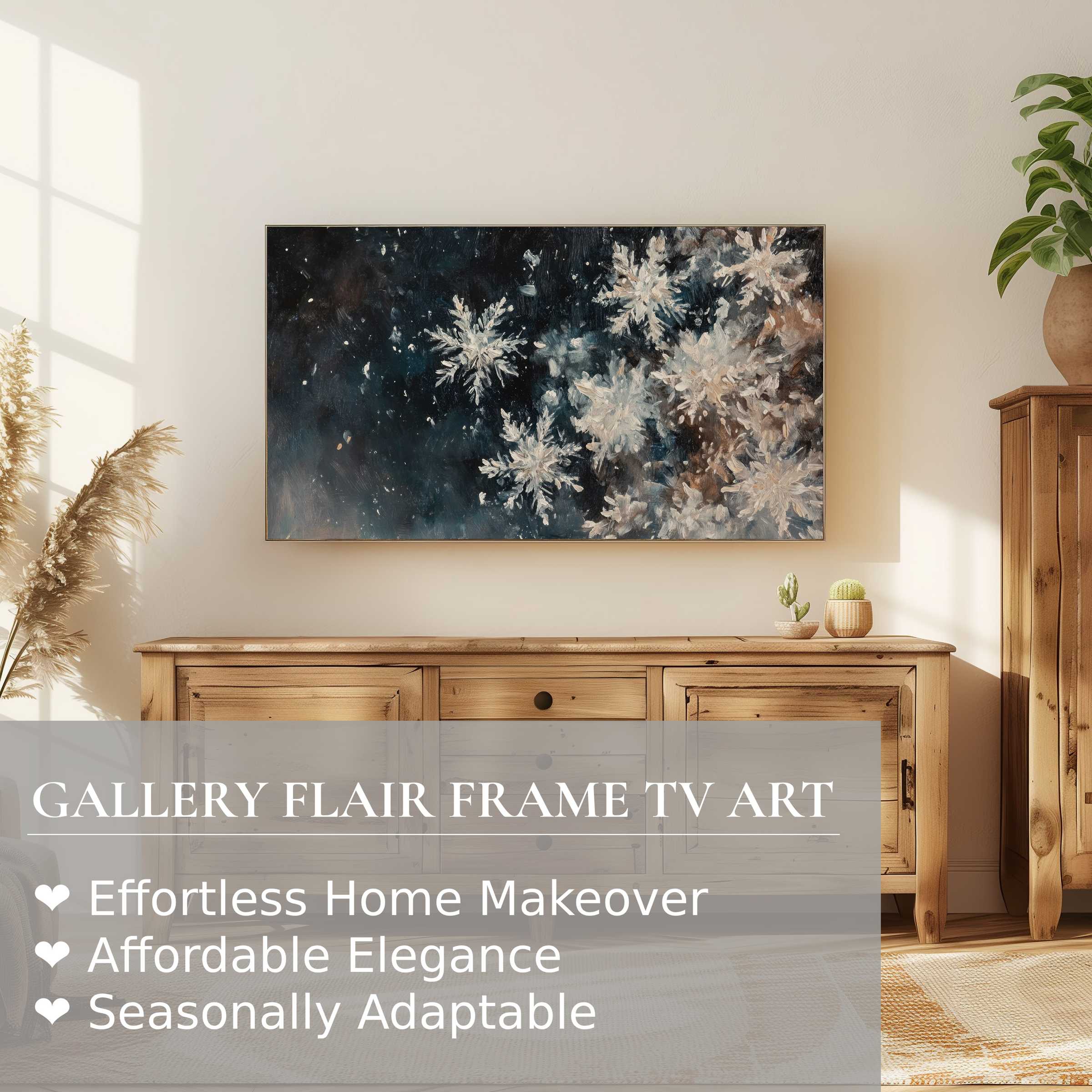Samsung Frame TV displays elegant winter digital artwork of intricate snowflakes in a modern, cozy living space