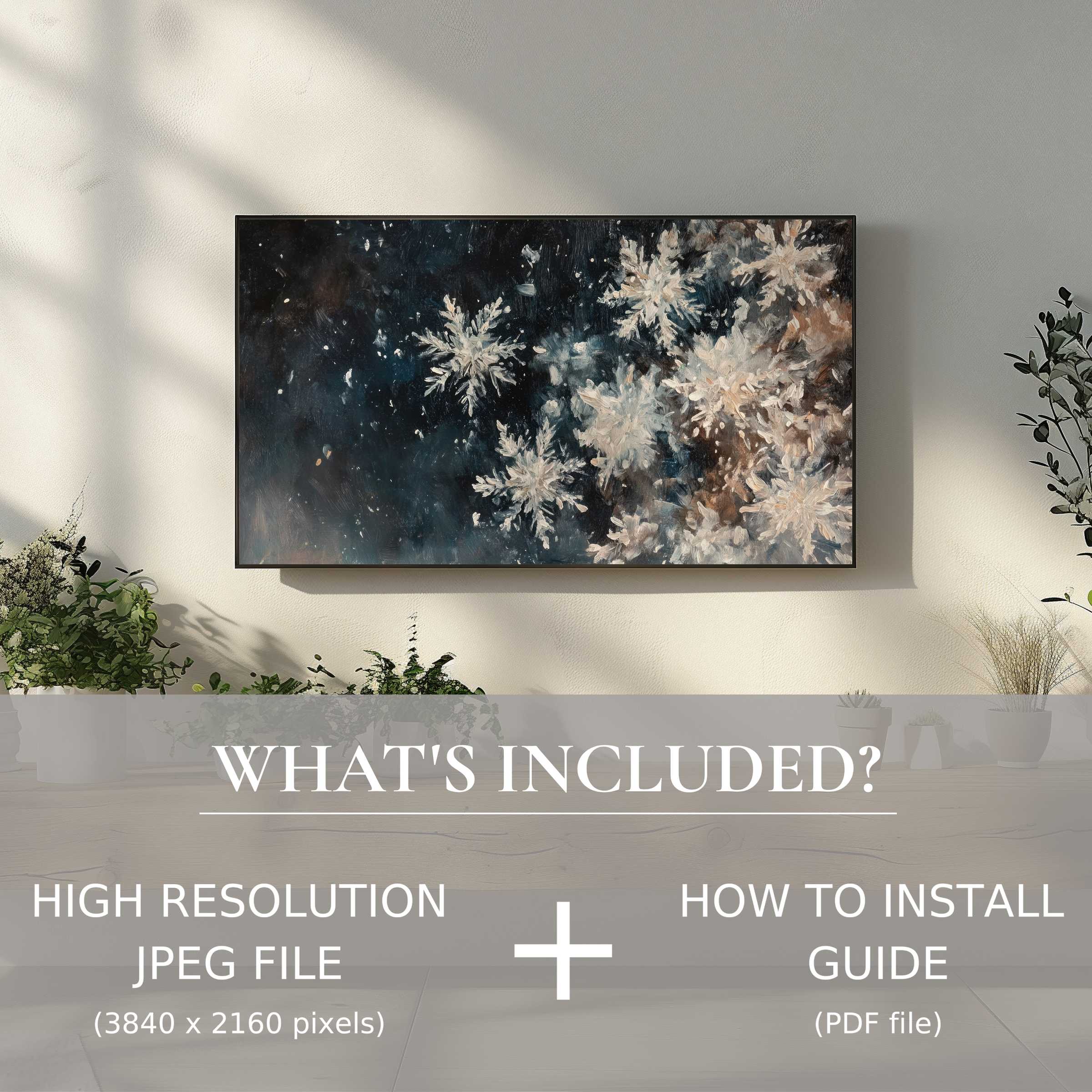 Elegant winter digital TV art download with easy use, enhancing living spaces with high-res snowflake design