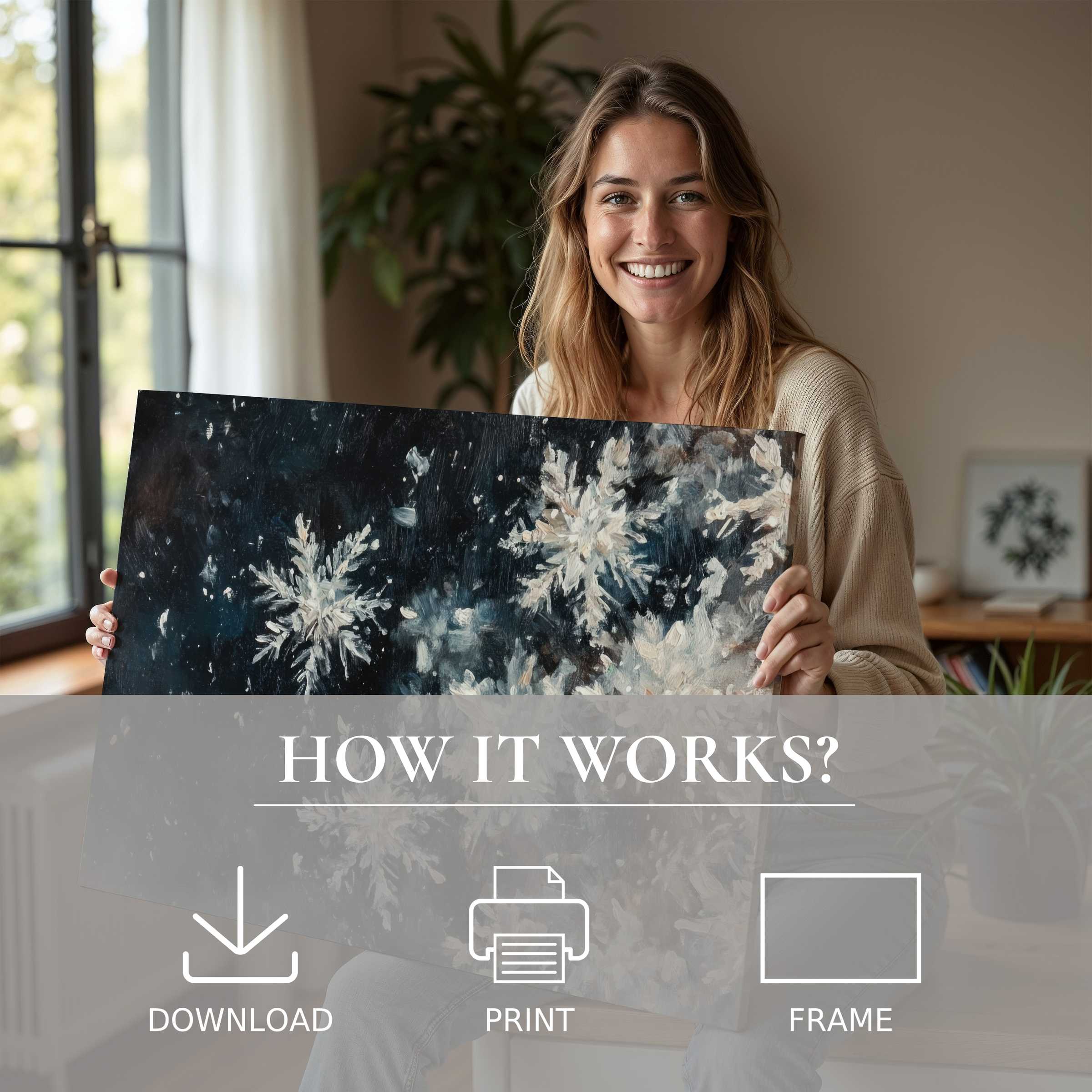 Radiant joy frames a winter digital art print, inviting serene moments of connection and effortless style in modern homes