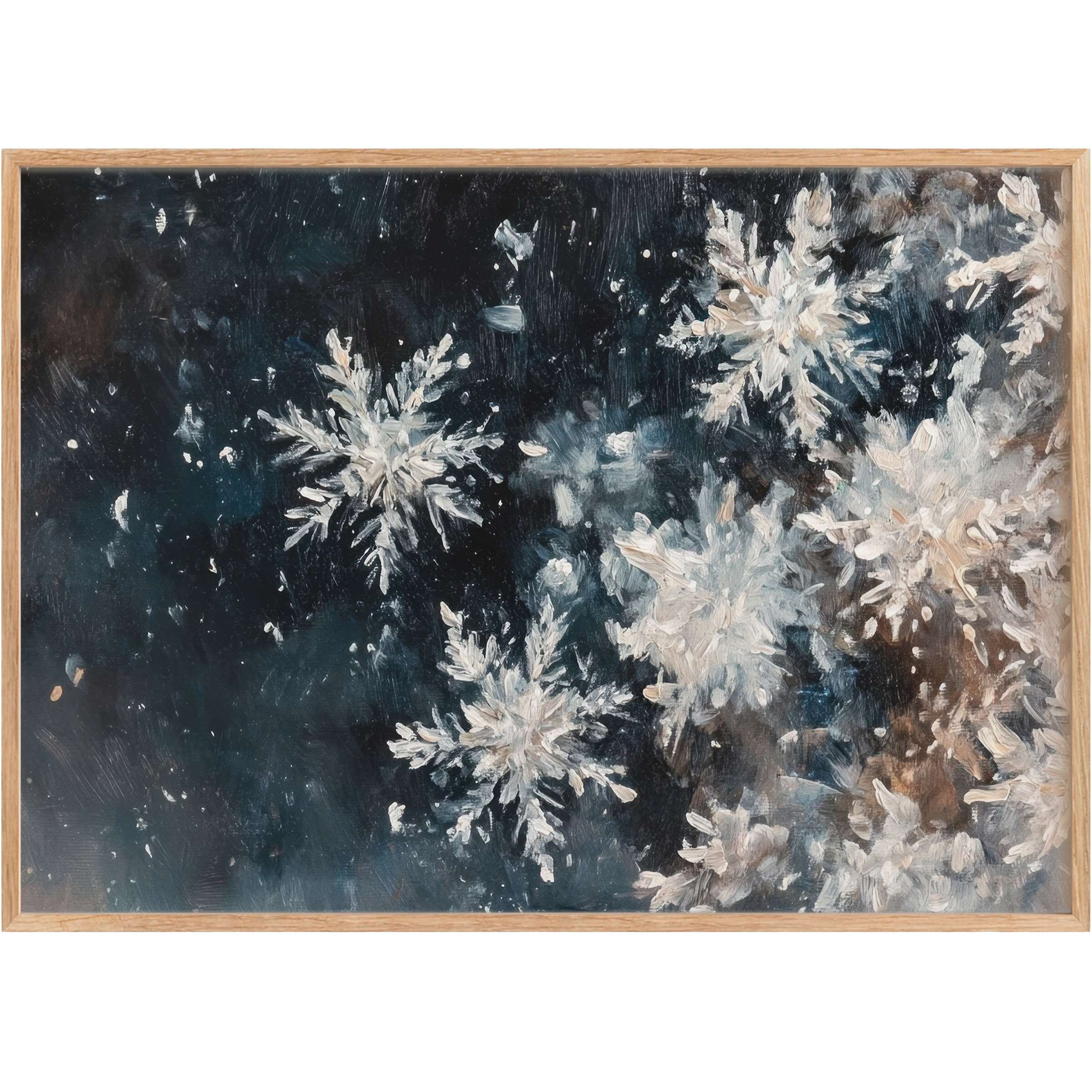 Ethereal winter printable wall art with delicate white snowflakes aglow against deep navy and soft gray hues, evoking serene elegance