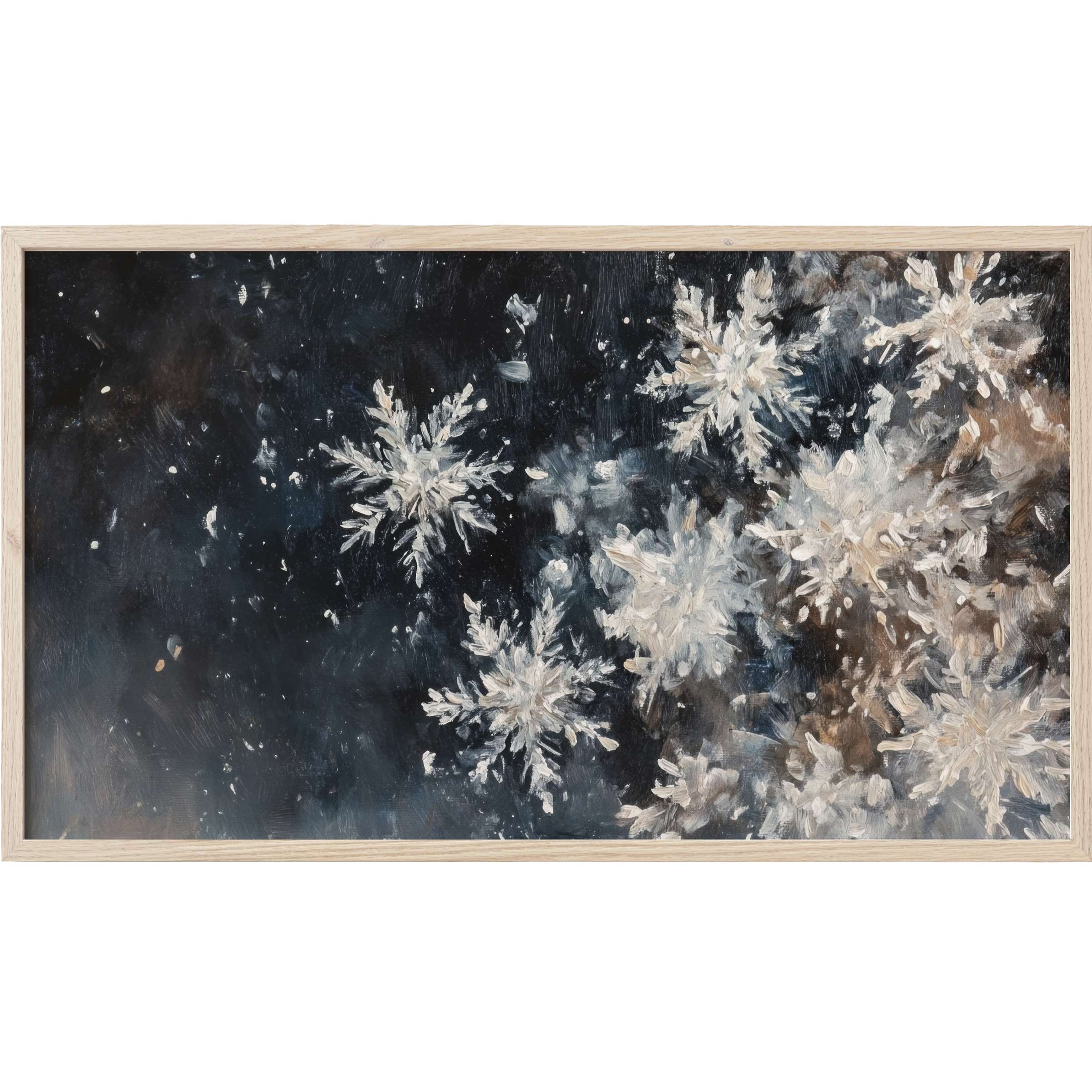 Elegant winter Frame TV Art featuring soft white snowflakes against a deep blue and muted brown textured backdrop