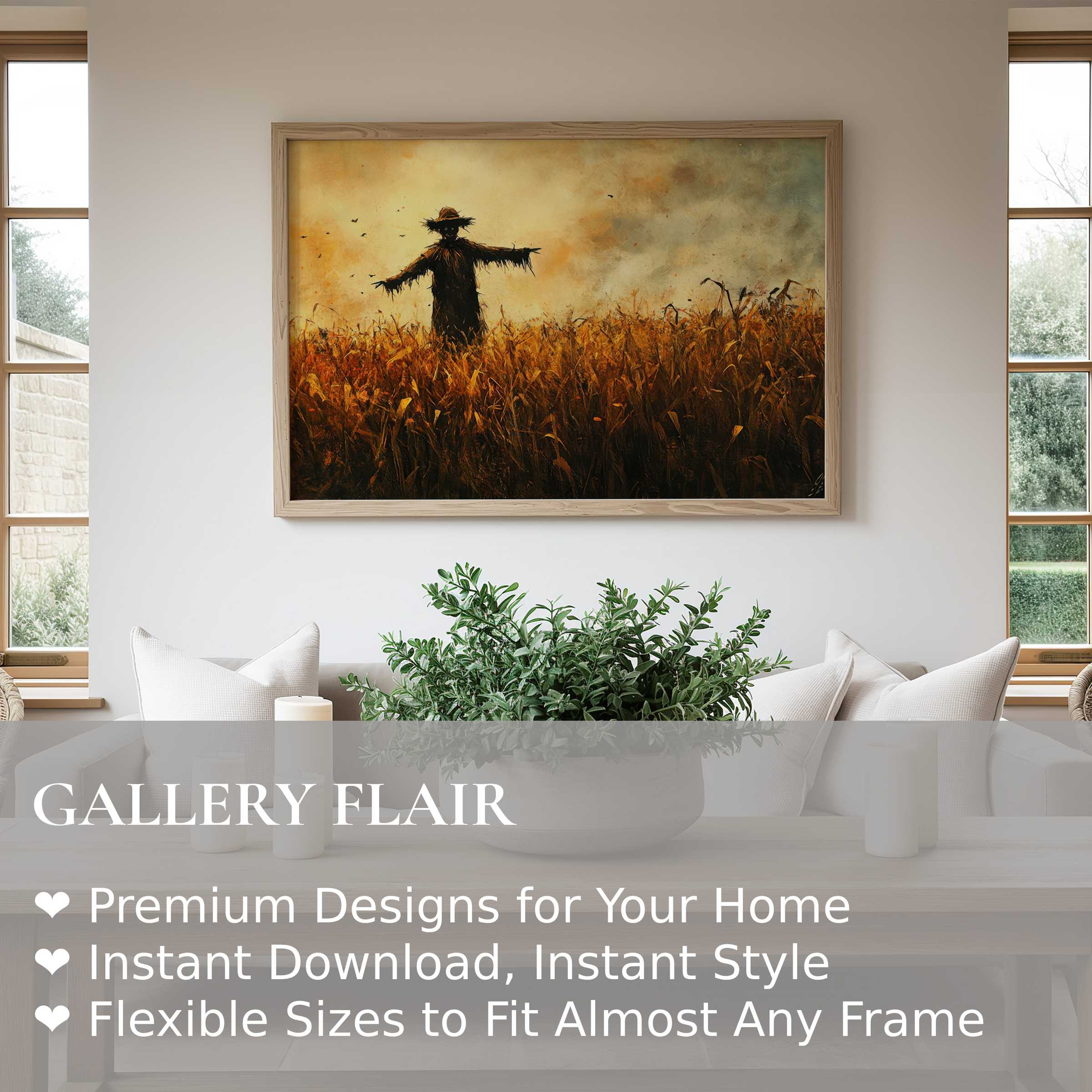 Halloween wall art print featuring a moody scarecrow in golden cornfields, elevating modern rustic interiors with bold autumnal charm
